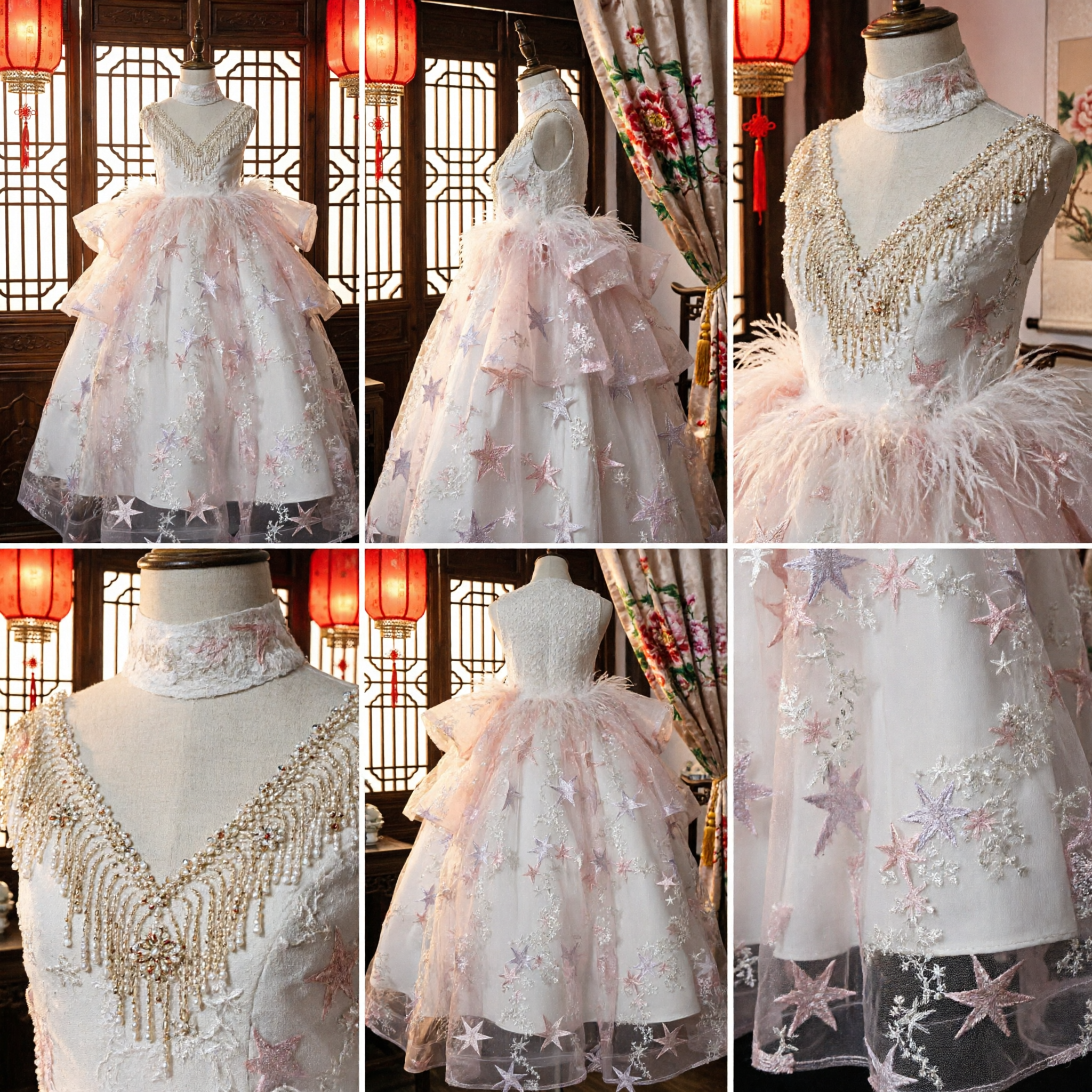 Weiß-Rosa-Sternenstickerei-Tüll-Ballkleid-Prinzessinnenkleid für Mädchen, Blumenmädchen-Gala-Auftrittskostüm - Asian Costume