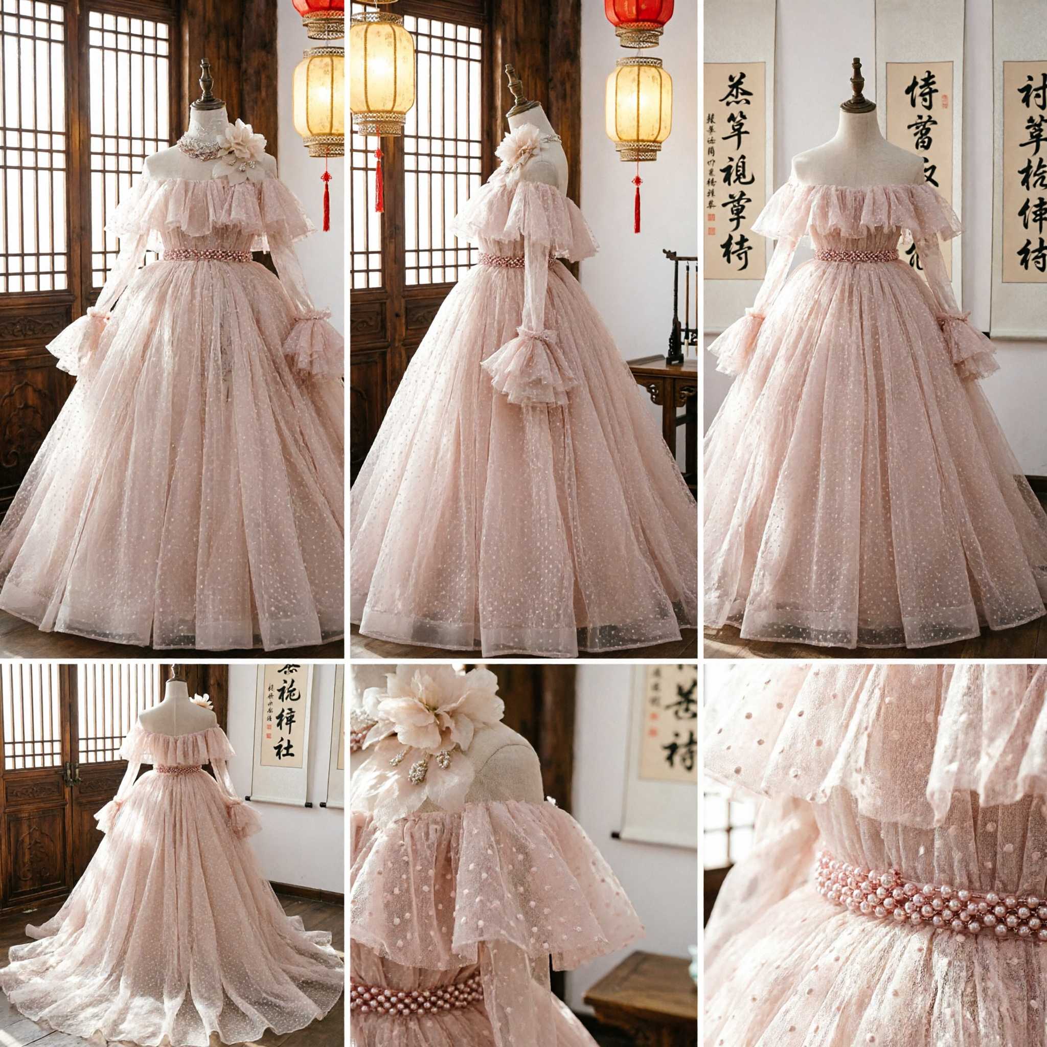 Robe de bal de promo élégante rose en tulle avec manches une épaule froncées pour mariage et Quinceañera - Asian Costume