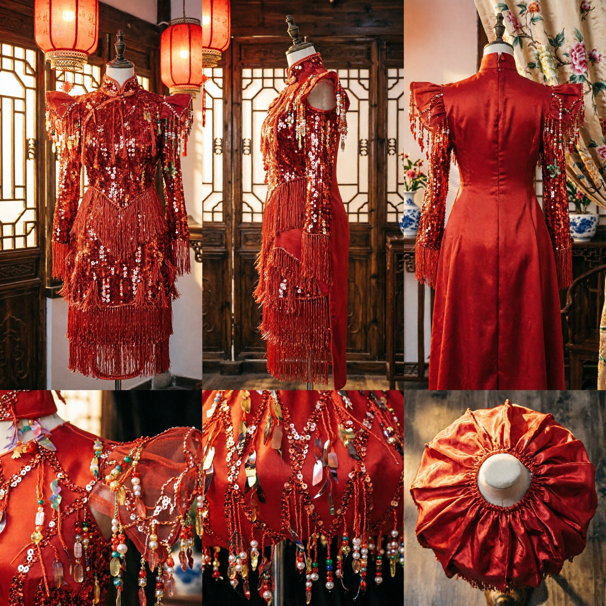 여아용 레드 라틴 댄스 드레스 (반짝이는 시퀸 프린지 스커트, 어린이 무대 공연 대회용) - Asian Costume