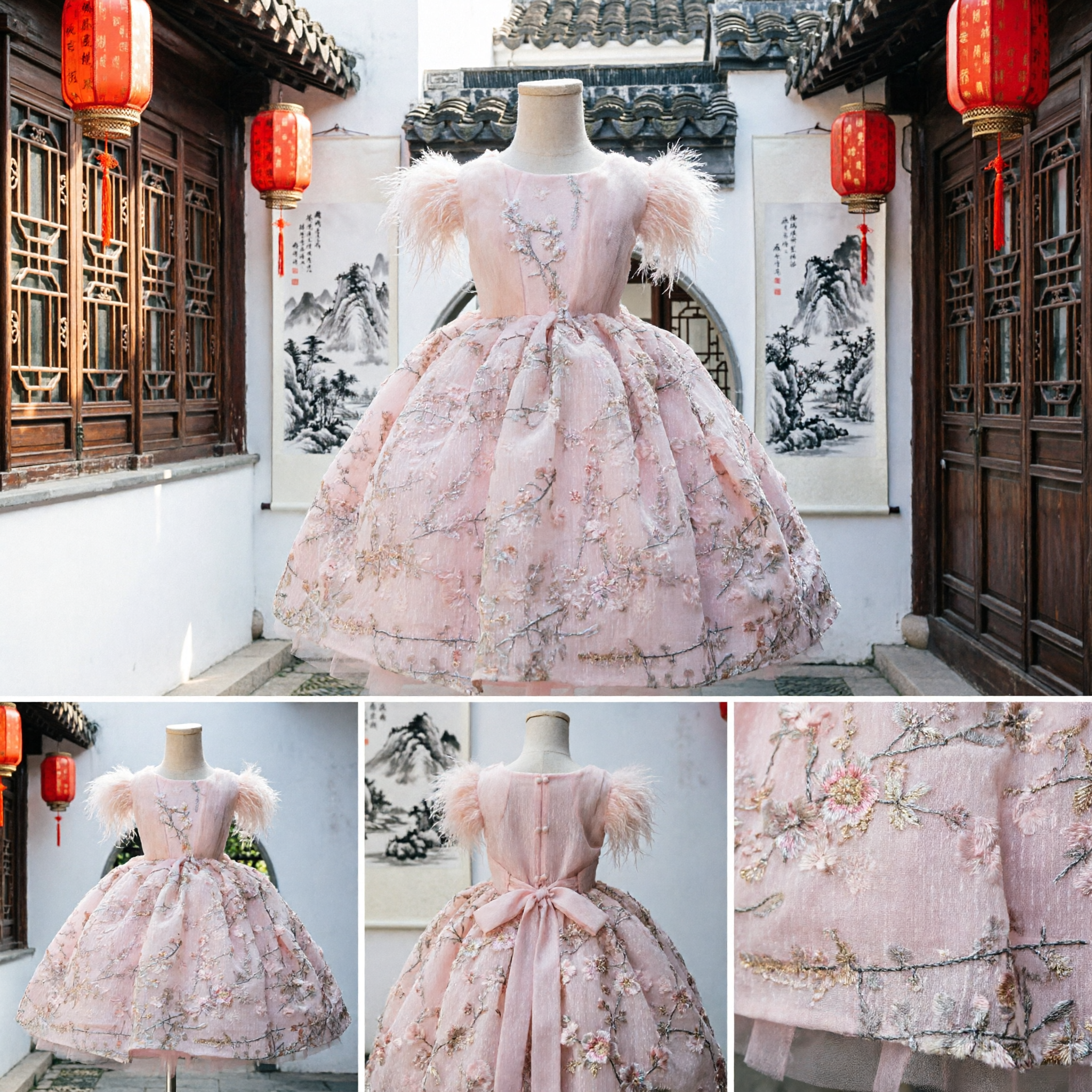 Abito Hanfu Rosa Floreale per Bambine Abito da Principessa Tradizionale Cinese a Palloncino Costume per Spettacoli Abito da Festa per Matrimoni - Asian Costume