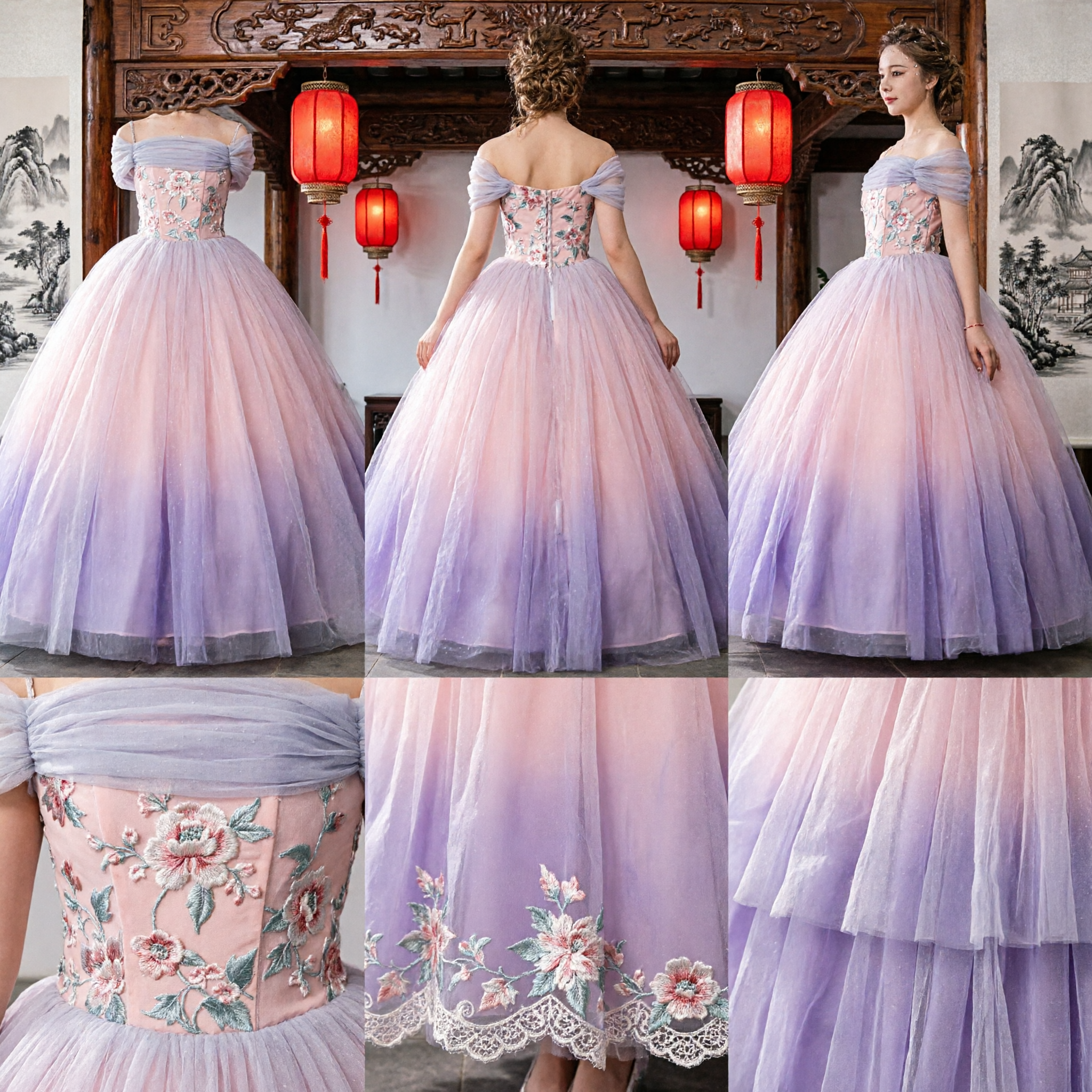우아한 오프숄더 파스텔 툴 볼 가운 (플로럴 레이스 헴 장식, 여아용 플라워 걸 웨딩 파티용) - Asian Costume