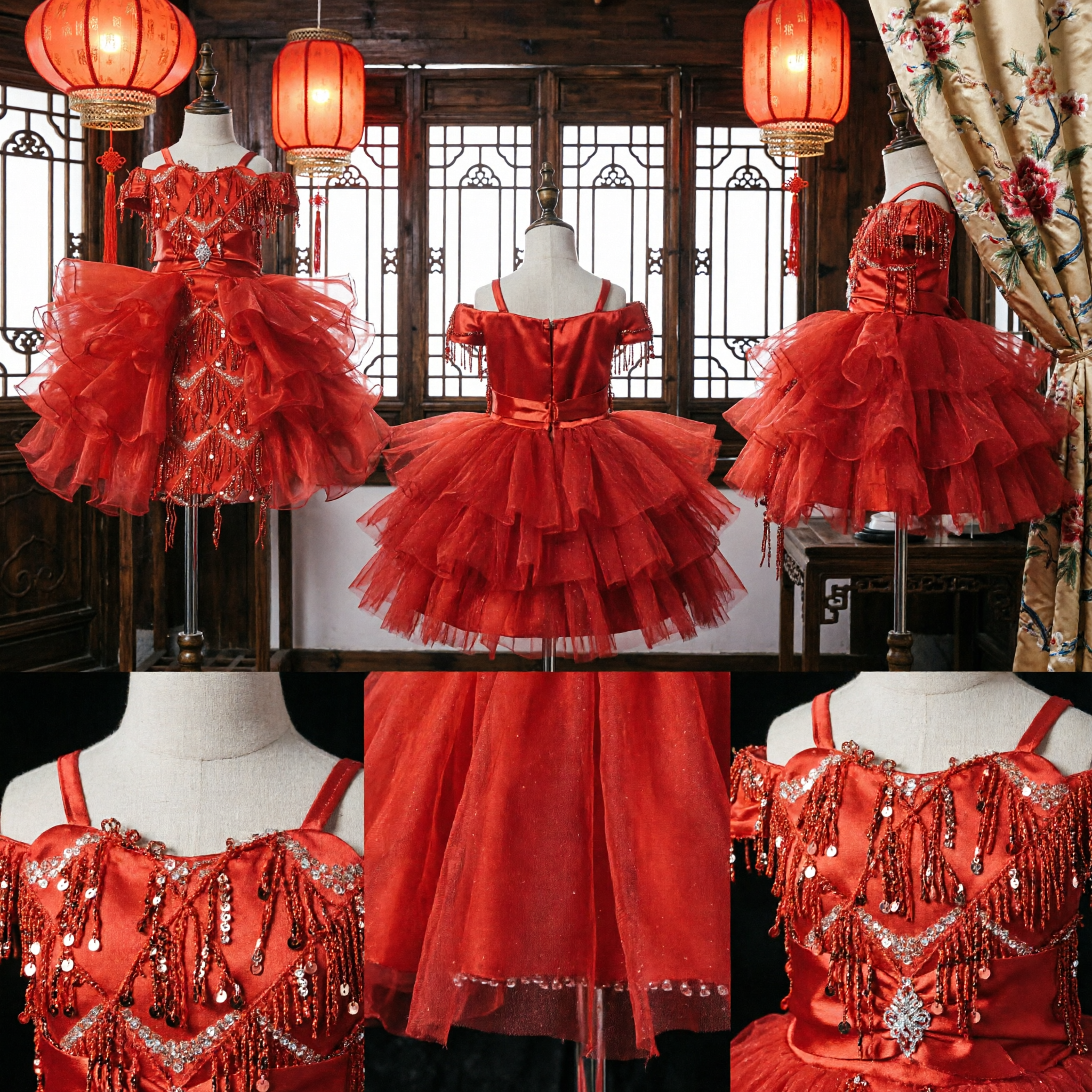 Girls Red Latin Dance Dress Ballroom Competition Costume with Sequins Fringe and Ruffled Skirt - Asian Costume