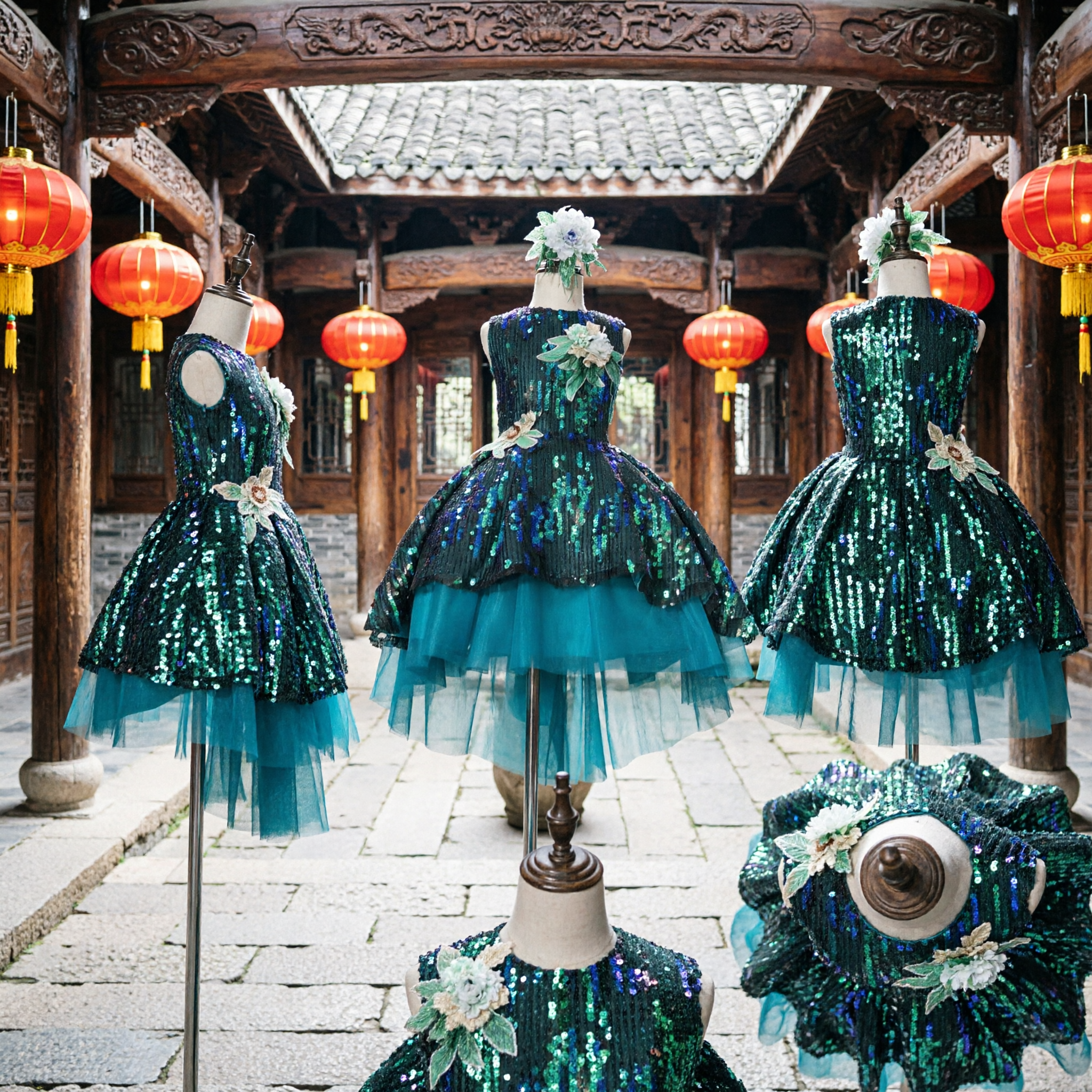 Abito da Ballo Latino Verde con Paillettes per Bambine Costume da Competizione Ballroom Tema Pavone Outfit per Spettacoli sul Palco - Asian Costume