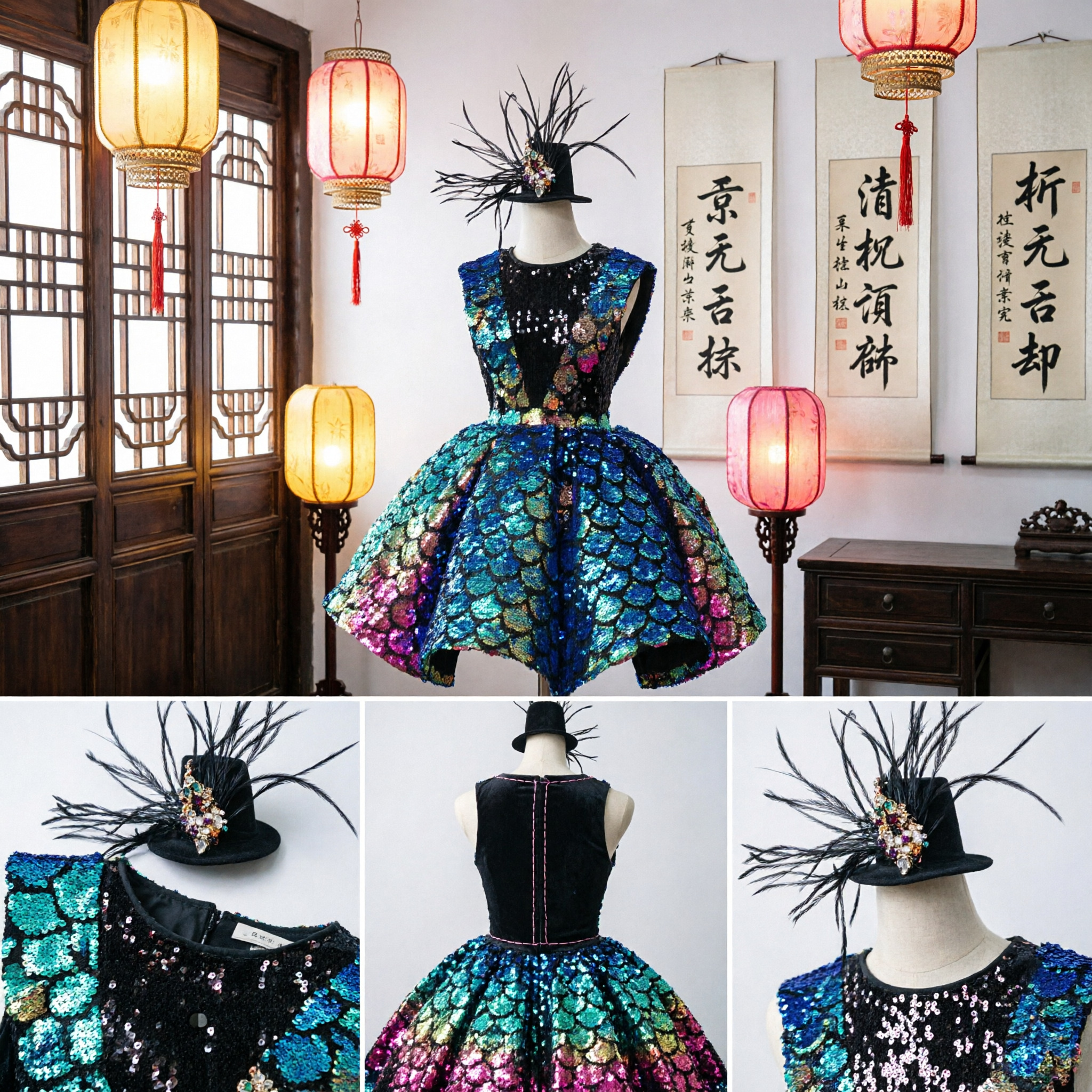 زي كاباريه نسائي مع قبعات - فستان قصير بتطريز ريش الطاووس للعروض الراقصة على المسرح - Asian Costume