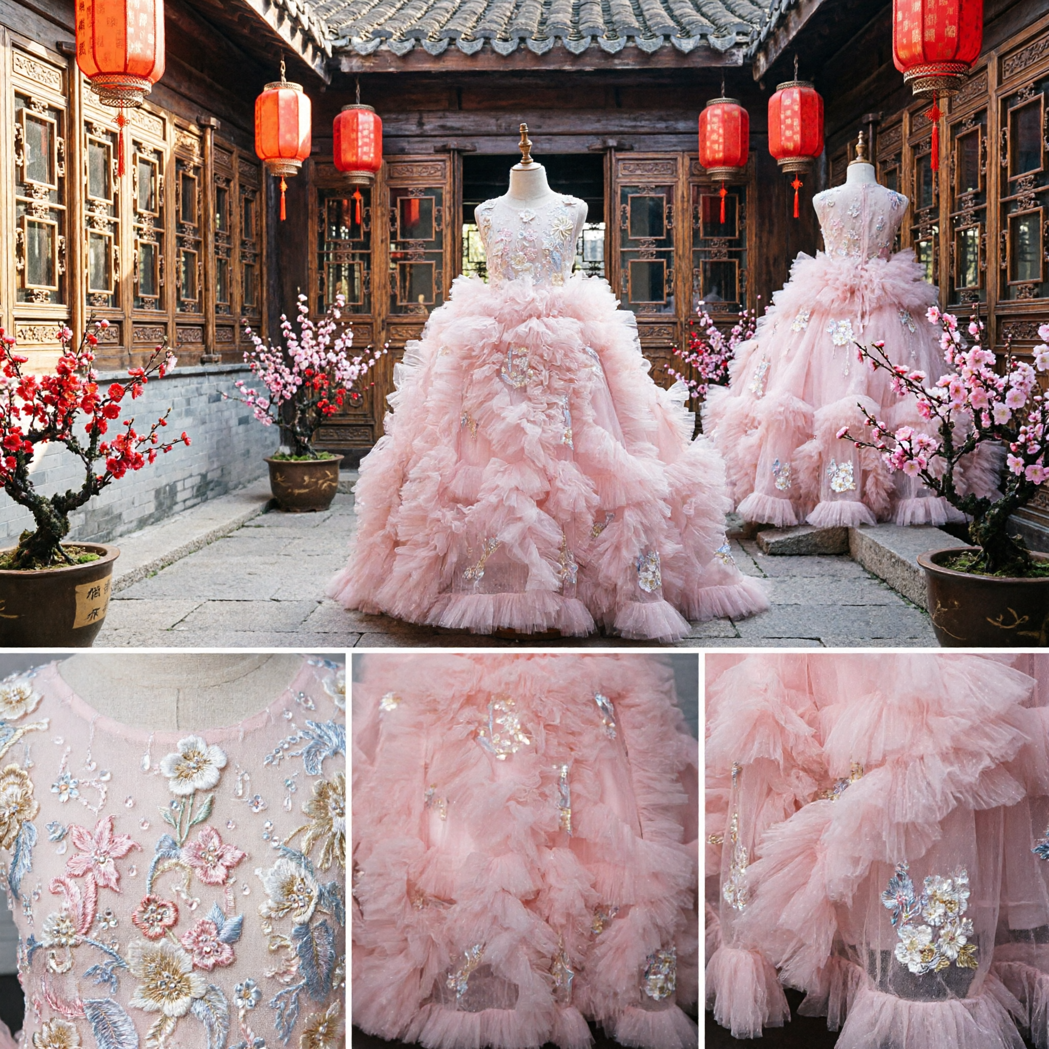 Robe de bal en tulle froncée rose de luxe avec corsage brodé pour filles, costume de princesse pour quinceañera et concours - Asian Costume