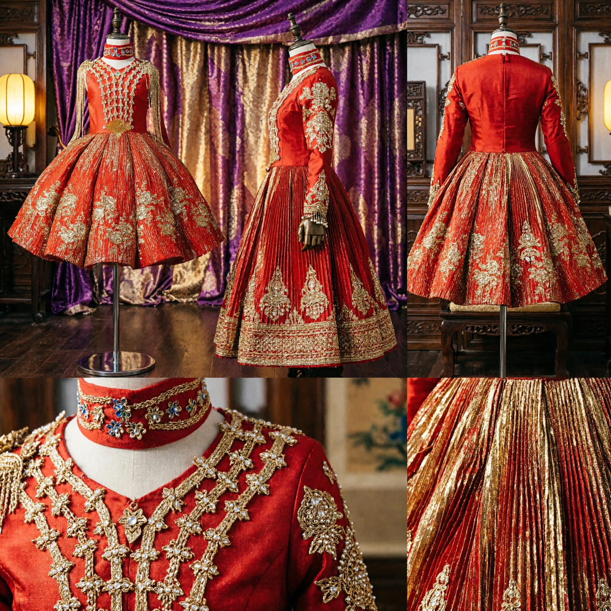 프로페셔널 레드 중국 민속 무용 의상 (골드 자수) 스테이지 공연 드레스 여성용 - Asian Costume