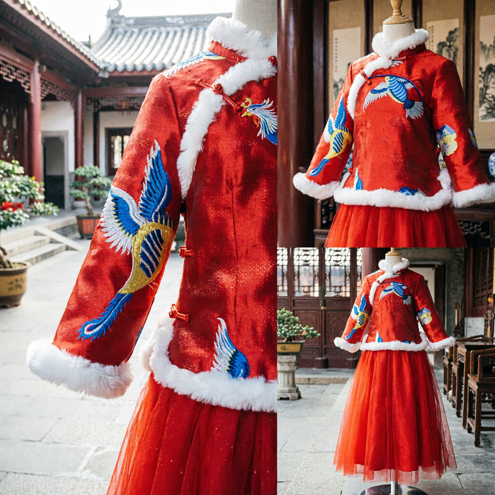 Costume per il Capodanno Cinese Tradizionale, Completo con Giacca Tang Rossa Ricamata con Gru e Bordo in Pelliccia e Gonna - Asian Costume