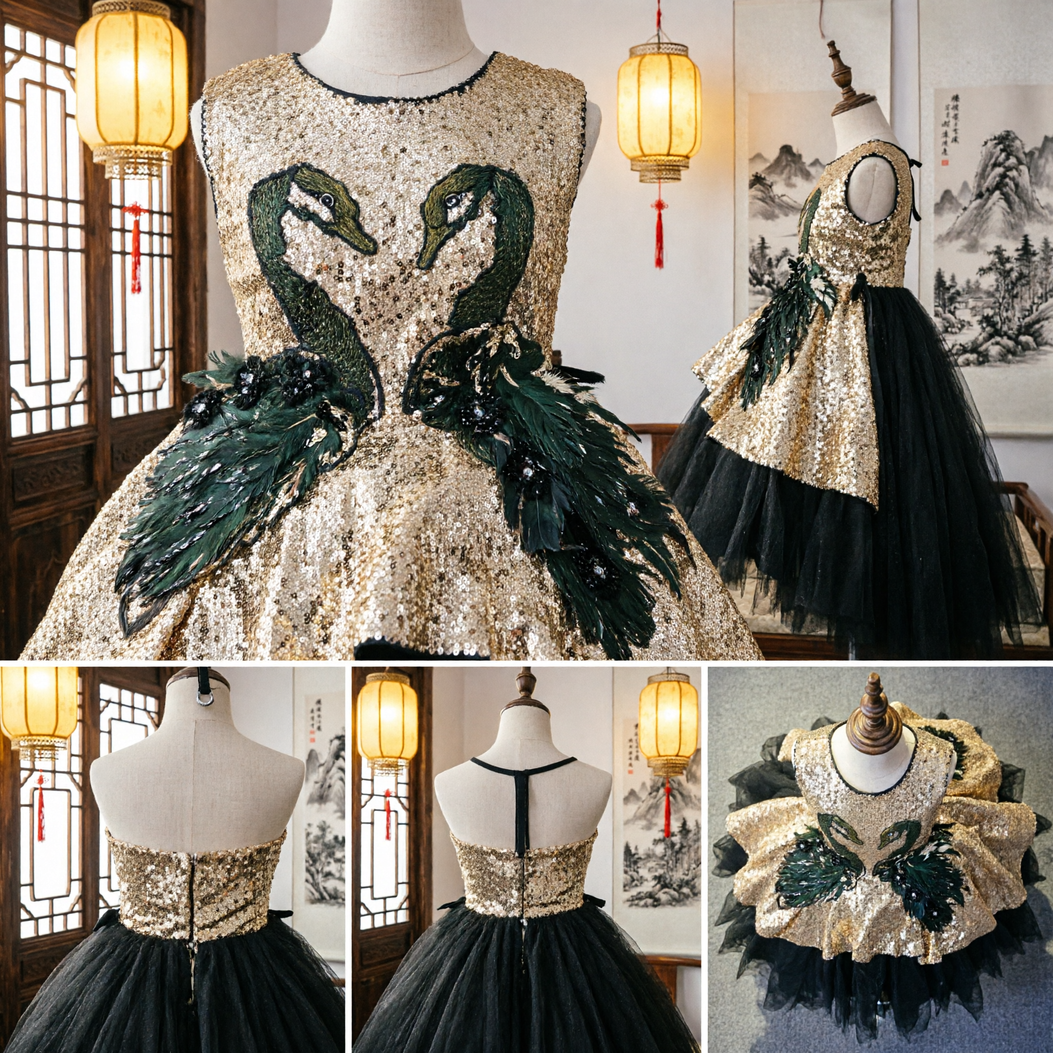 Traje de Ballet El Lago de los Cisnes para Niñas, Corpiño Dorado con Lentejuelas y Vestido de Baile Negro de Tul - Asian Costume