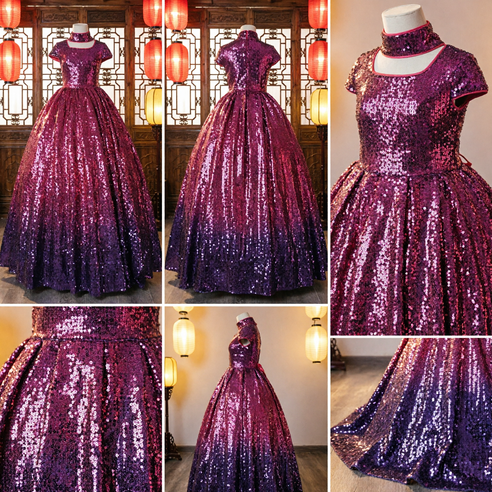 Girls Purple Pink Ombre Sequin Ball Gown High Neck Short Sleeve Formal Dress for Pageant Wedding - Asian Costume