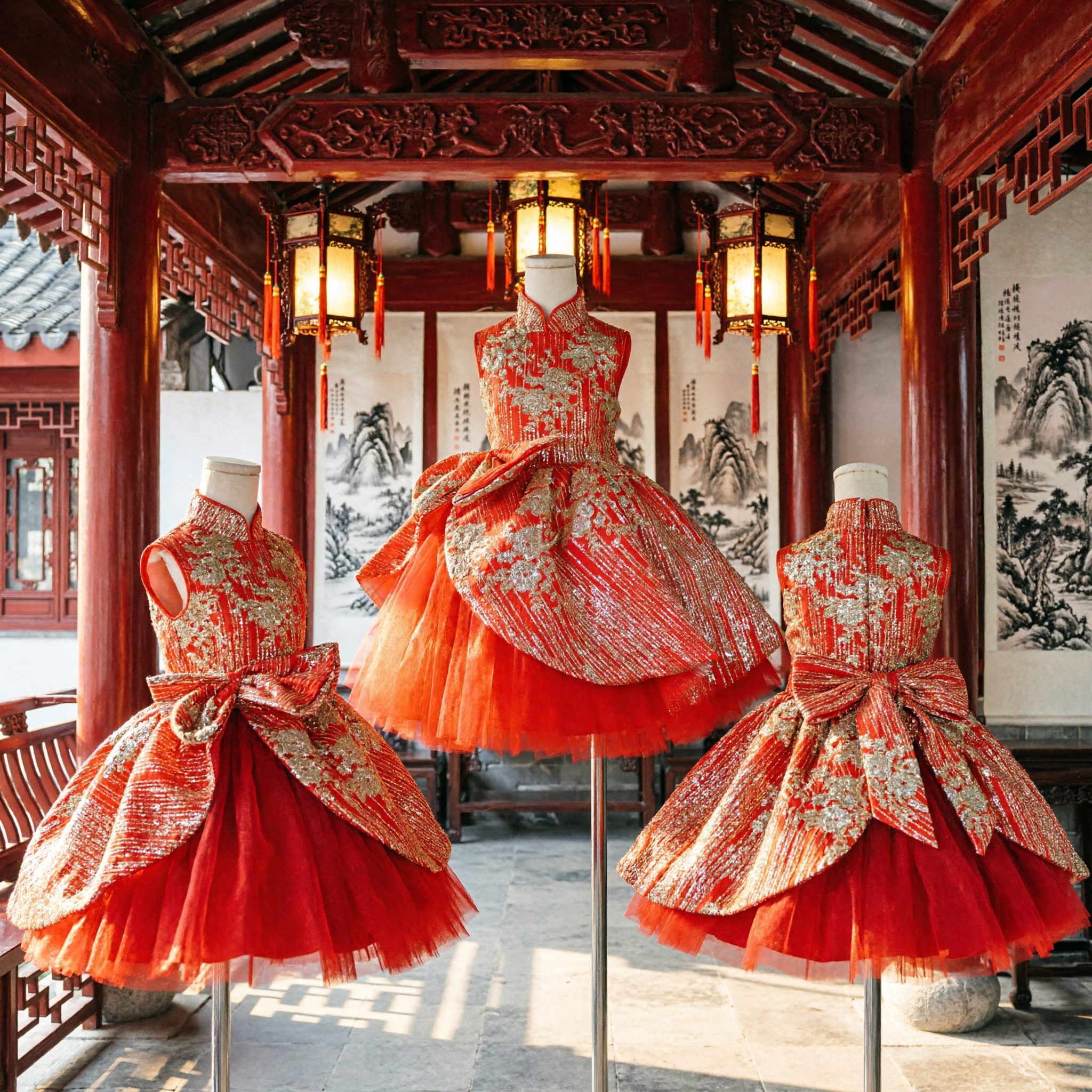 Kids Girls Red Chinese Cheongsam Dress Traditional Qipao Wedding Party Tutu Gown with Gold Embroidery - Asian Costume