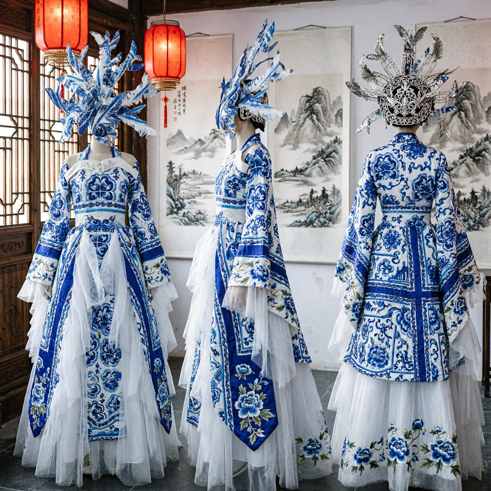 Elegant Blauw-wit Porselein Chinese Traditionele Podiumoptreden Kostuum Cosplay Jurken met Uitgebreide Hoofdtooi - Asian Costume