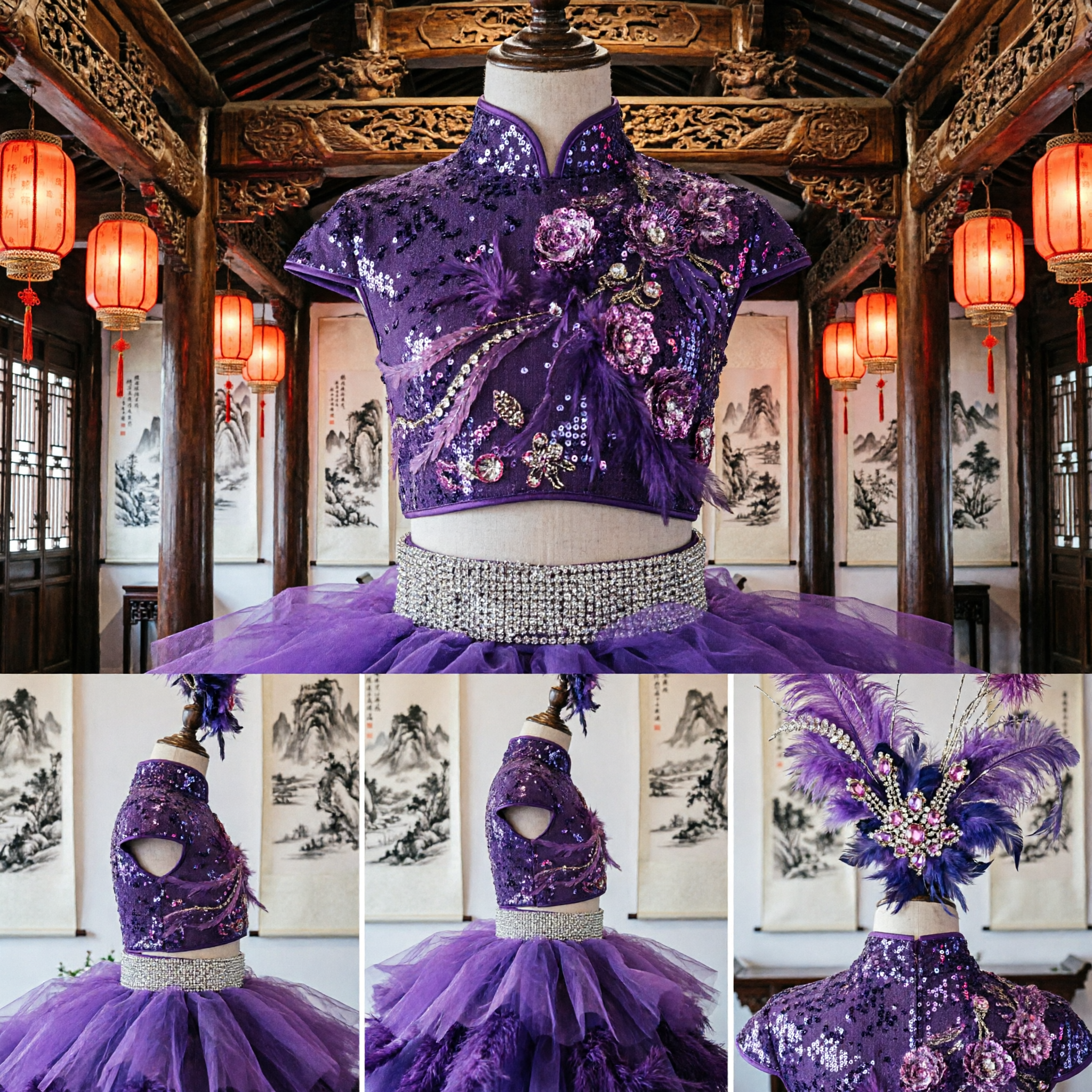 Traje de Baile Latino Morado para Niñas, Top Corto con Lentejuelas y Falda Tutú de Capas para Actuación en Escenario con Tocado - Asian Costume