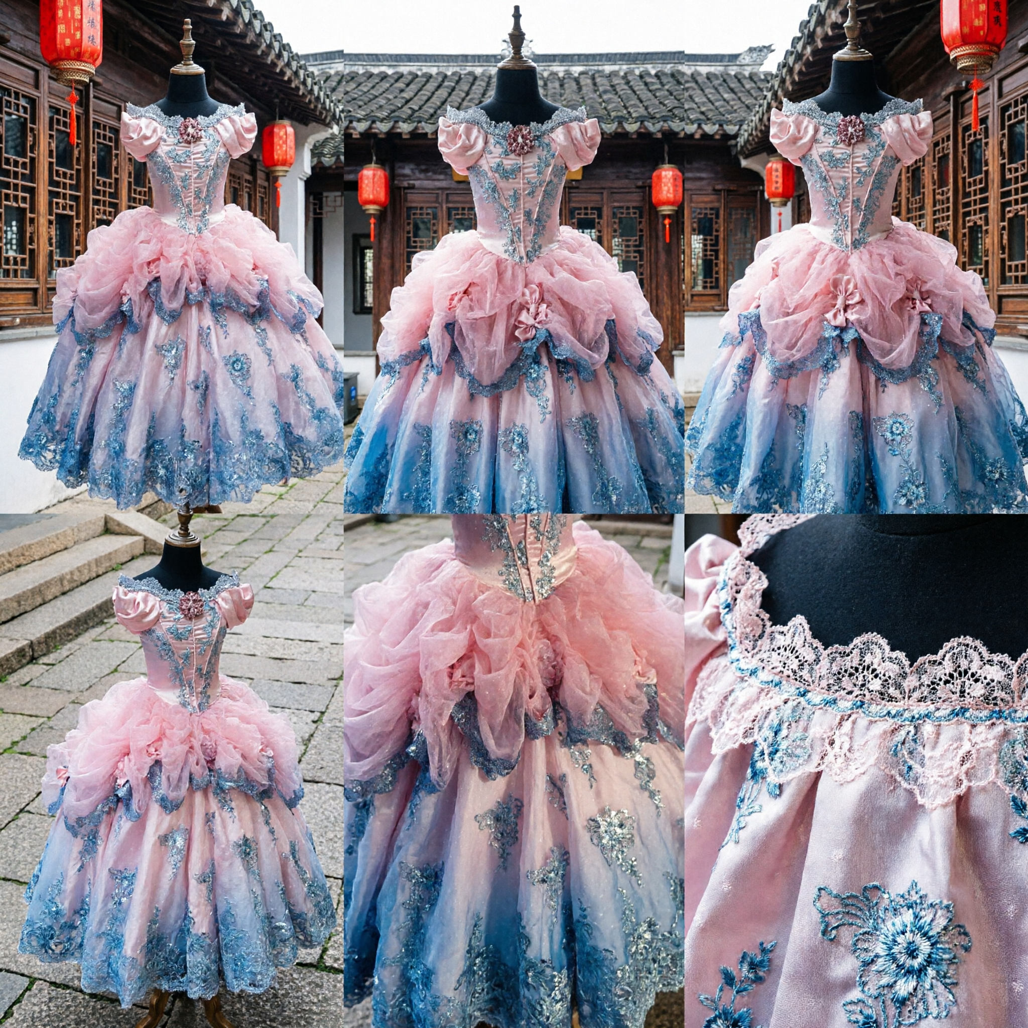 Robe de bal Rococo rose et bleu pour femmes, costume Marie-Antoinette, pour bal de fin d'études, cosplay et mascarade - Asian Costume