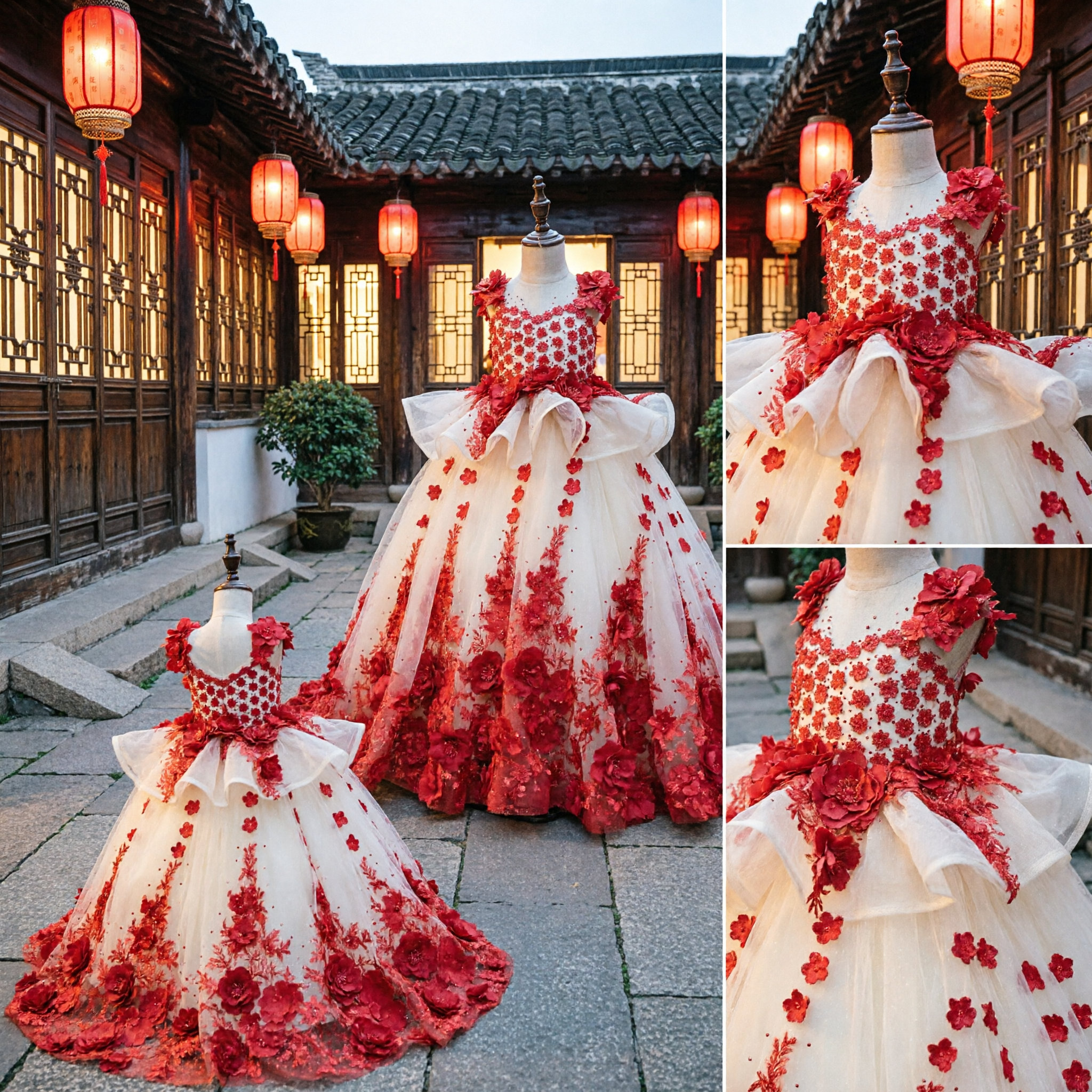 Vestido de Princesa de Luxo com Aplicação de Rosas Vermelhas para Meninas Daminha de Honra para Casamento e Concurso - Asian Costume