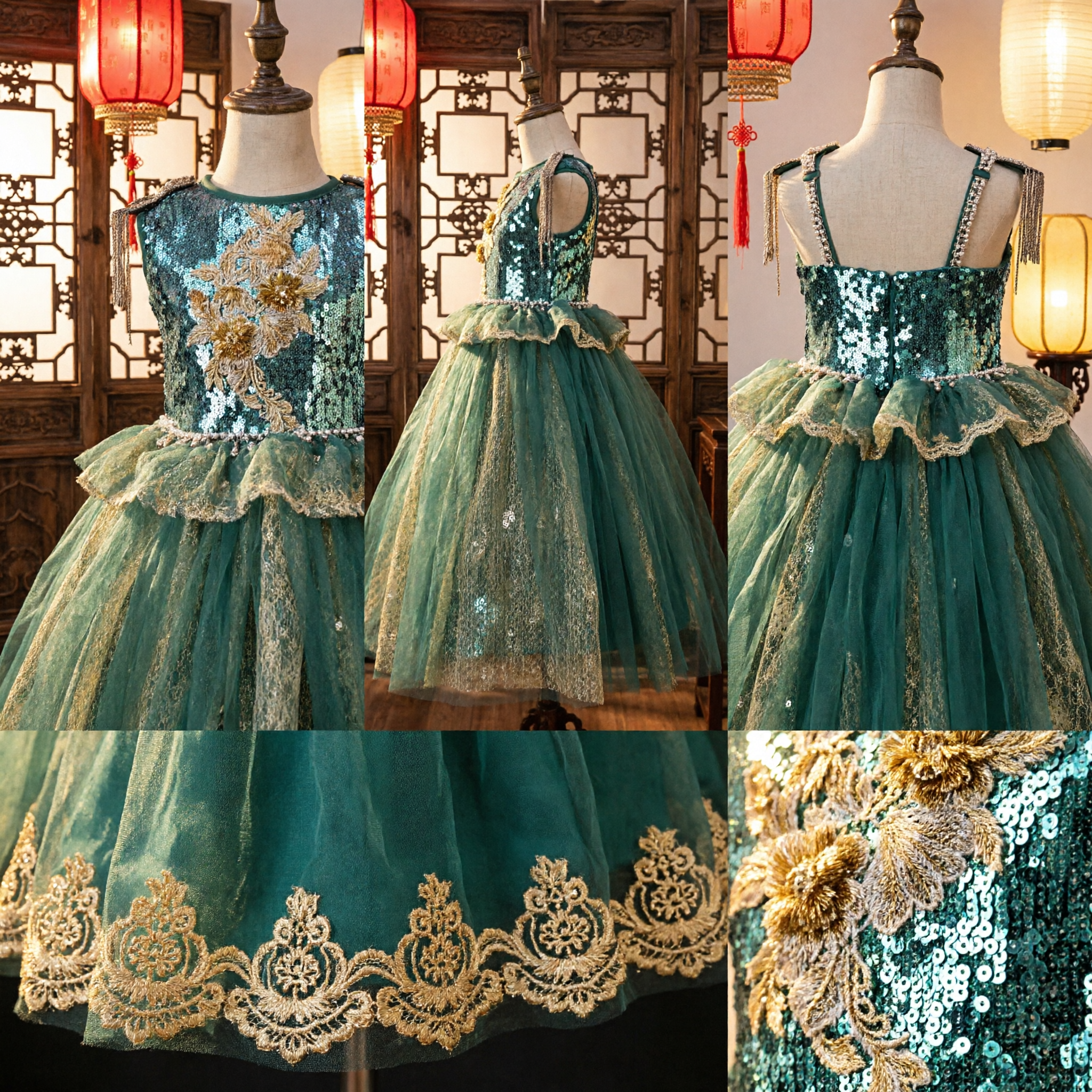 Abito da Sera Smeraldo per Bambini con Corpetto Paillettes e Merletto Dorato, per Matrimoni e Spettacoli - Asian Costume