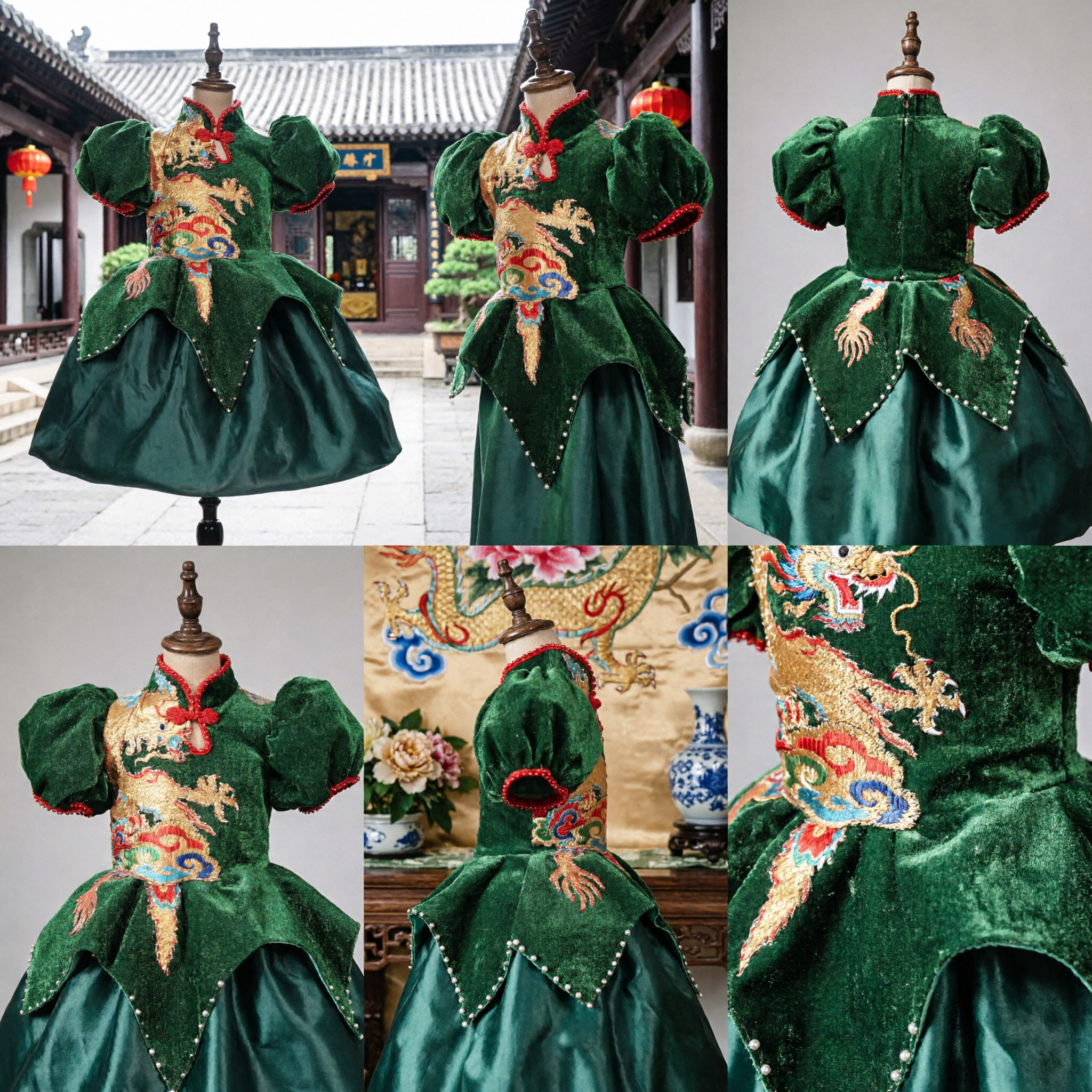 Elegante Groene Fluweel Chinese Draak Borduurwerk Jurken Traditionele Qipao Stijl Kostuum voor Podium Optreden Evenementen - Asian Costume