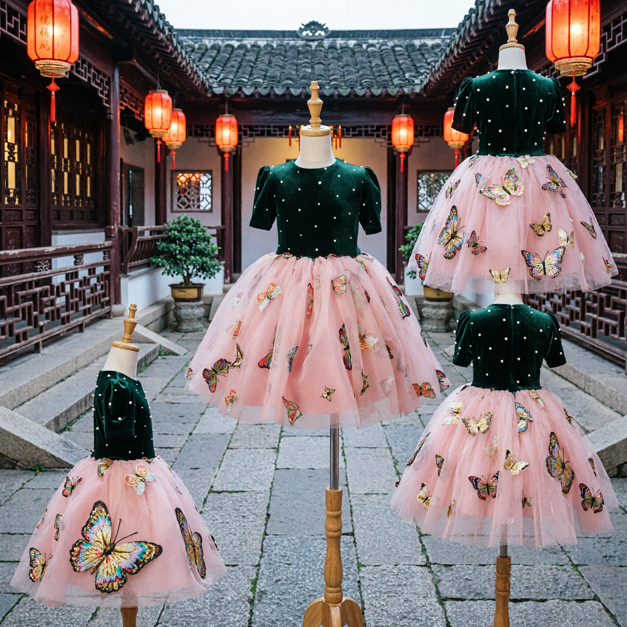 여아용 그린 벨벳 보디스 핑크 툴 스커트, 나비 자수 정식 파티 웨딩 플라워걸 드레스 - Asian Costume