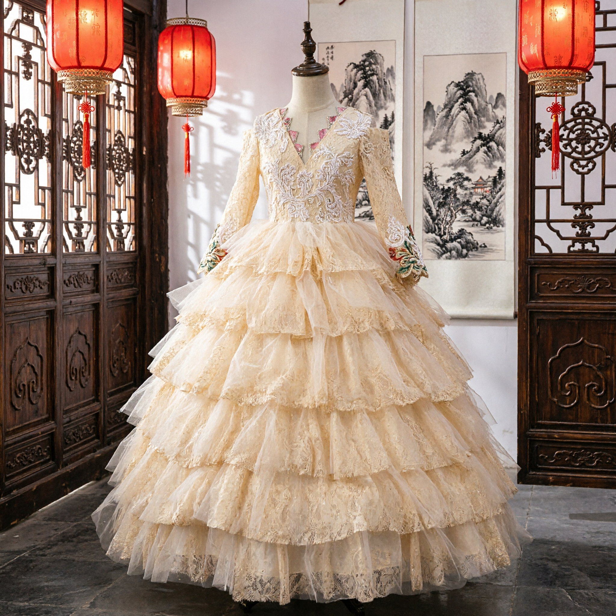Elegante Ball Gown Vittoriano Champagne con Maniche Lunghe in Pizzo e Gonna a Balze, Abito da Principessa per Donne - Asian Costume