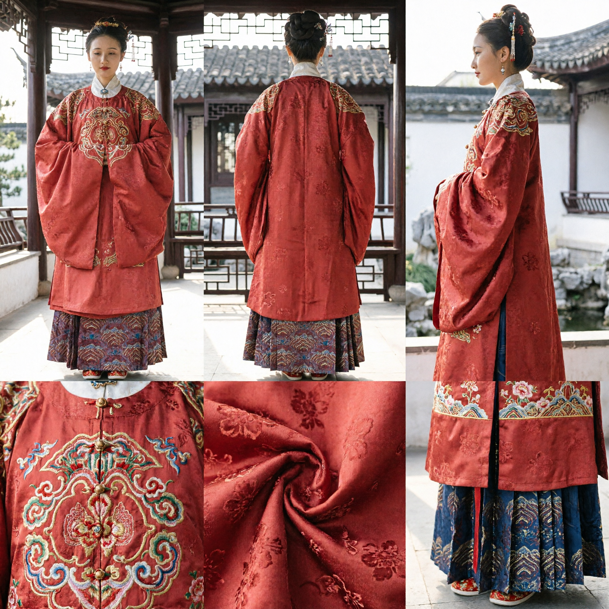 Conjunto de Túnica y Falda Roja Bordada de la Dinastía Ming Hanfu Tradicional Chino para Mujer Ceremonia de Boda - Asian Costume