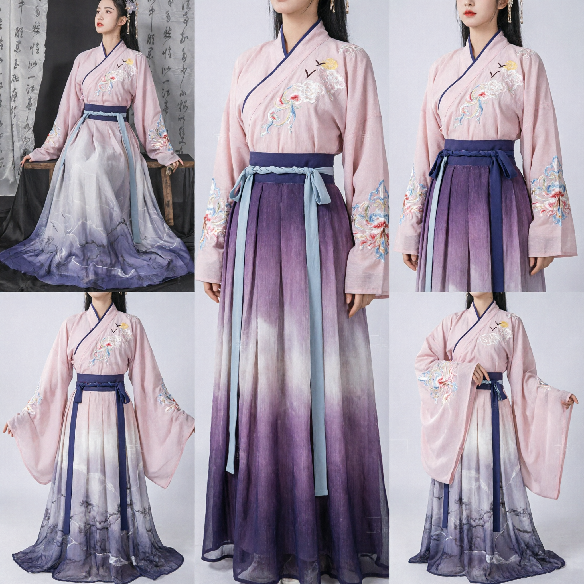Elegant Ming-dynastie Chinese Hanfu Traditioneel Kostuum Roze Geborduurd Topje en Paars Verloop Rokset voor Vrouwen - Asian Costume