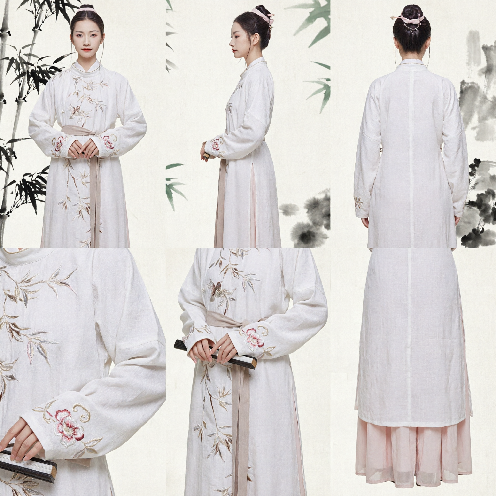 Costume Hanfu Traditionnel Chinois Élégant Robe Ancienne Brodée Bambou Blanc et Jupe Rose pour Femmes - Asian Costume