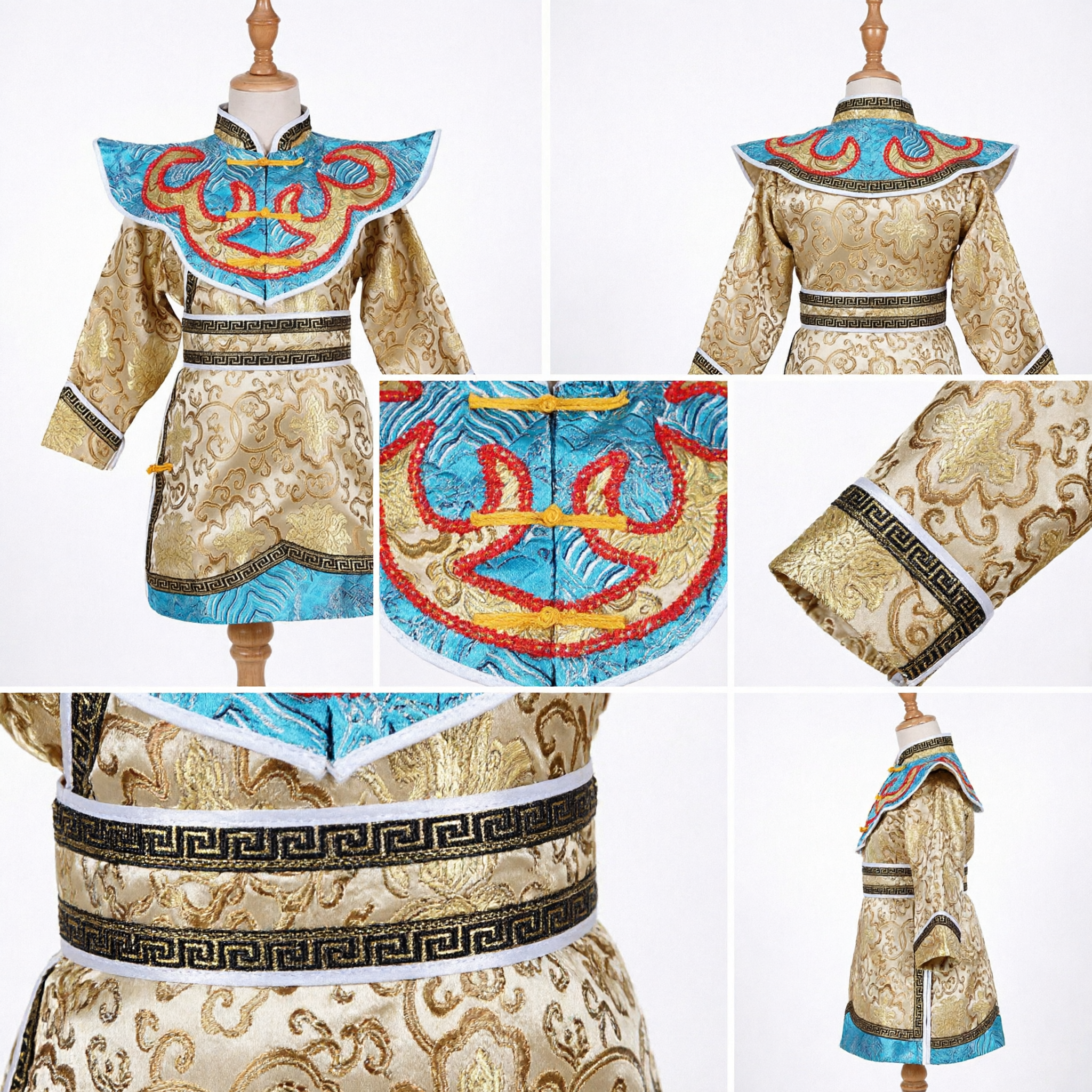 Traditionele Chinese Mongoolse Stijl Etnisch Kostuum Goud Brokaat Gewaad met Blauwe Wolk Kraag voor Kinderen Optreden - Asian Costume