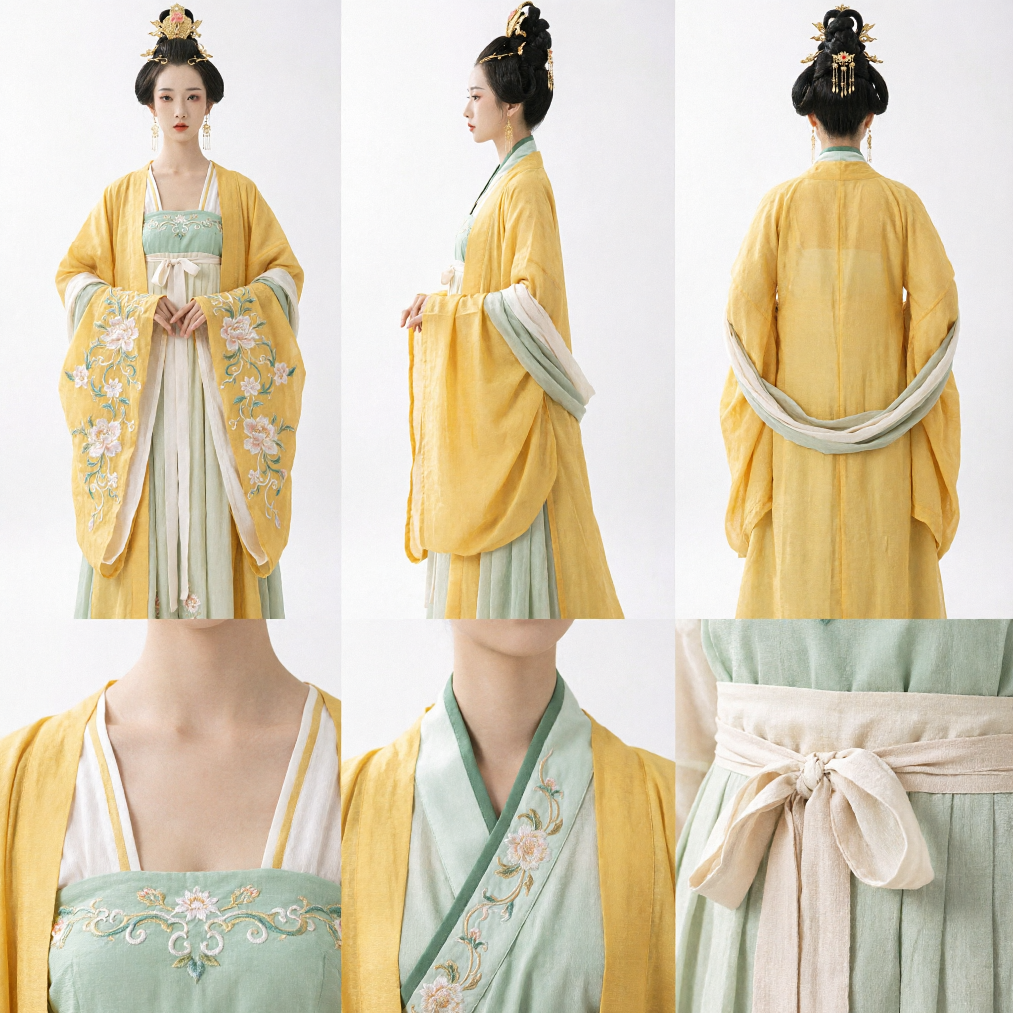 Elegant Traditional Chinese Hanfu Tang Dynasty Ruqun Set Yellow Robe Green Embroidered Top for Women - Asian Costume
