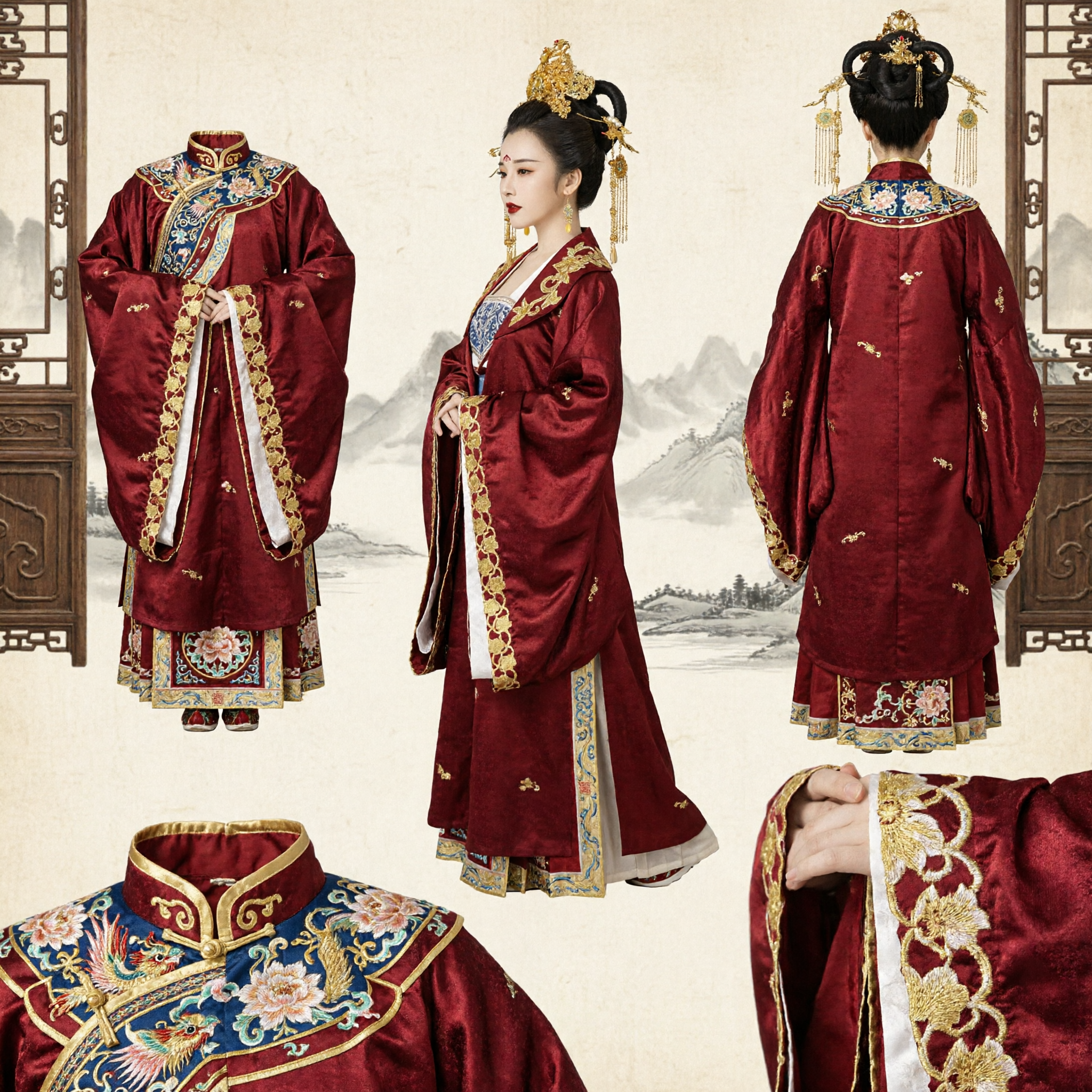 精巧な中国伝統漢服 唐王朝赤ロイヤル王女衣装 古代刺繍ドレス 女性用 - Asian Costume