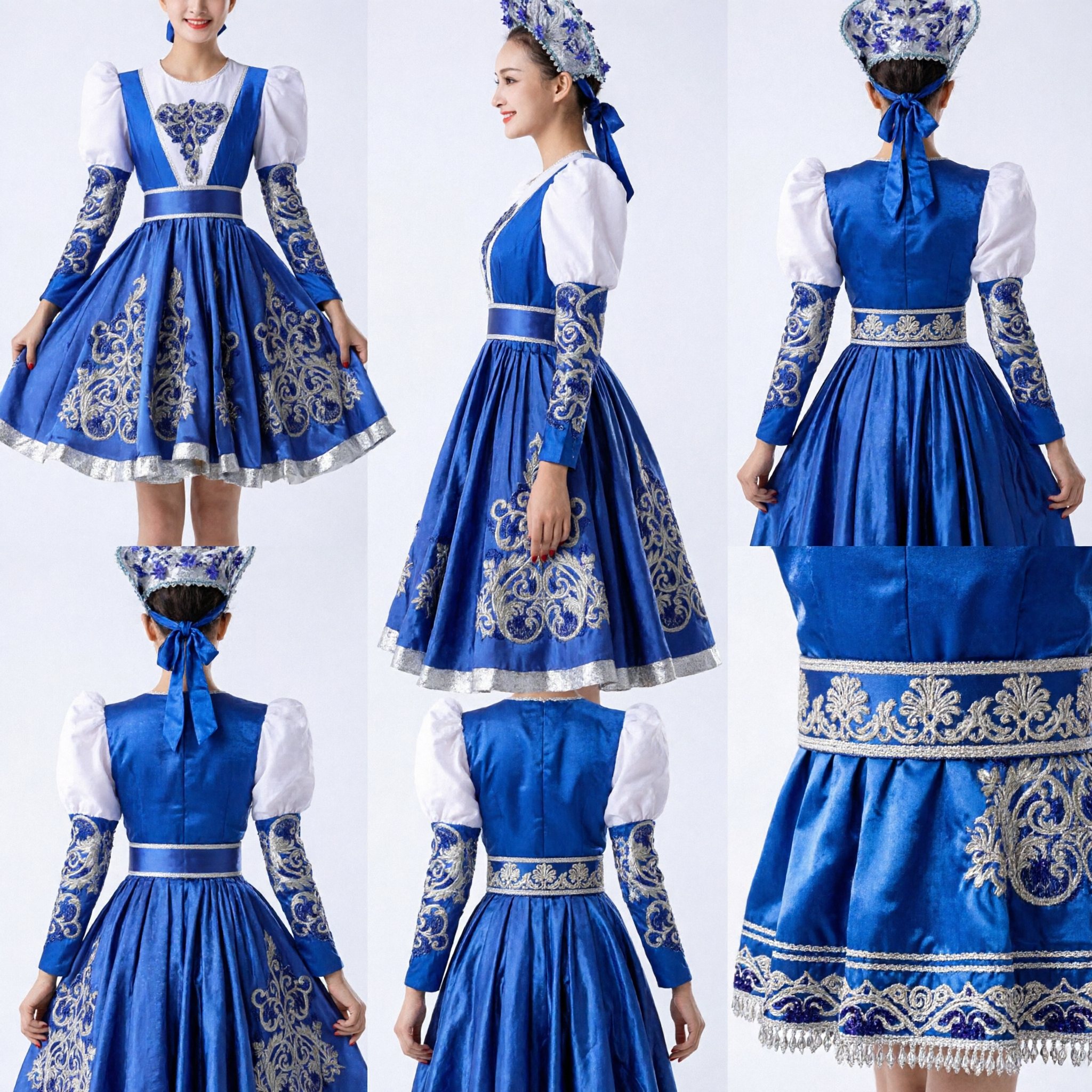 Traje de Dança Folclórica Russa Feminino Azul, Vestido de Performance Tradicional para Palco com Kokoshnik Combinando - Asian Costume