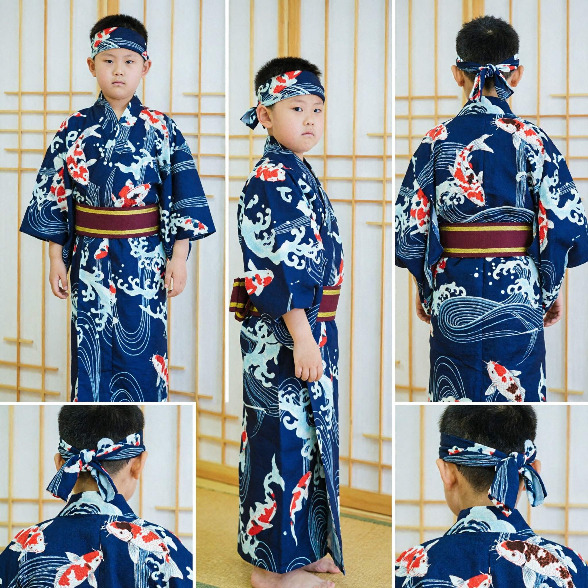 Traditionelles japanisches Jungen-Samurai-Kimono-Kostüm mit Koi-Fisch-Muster für Kinder, Halloween-Cosplay und Bühnenauftritte - Asian Costume