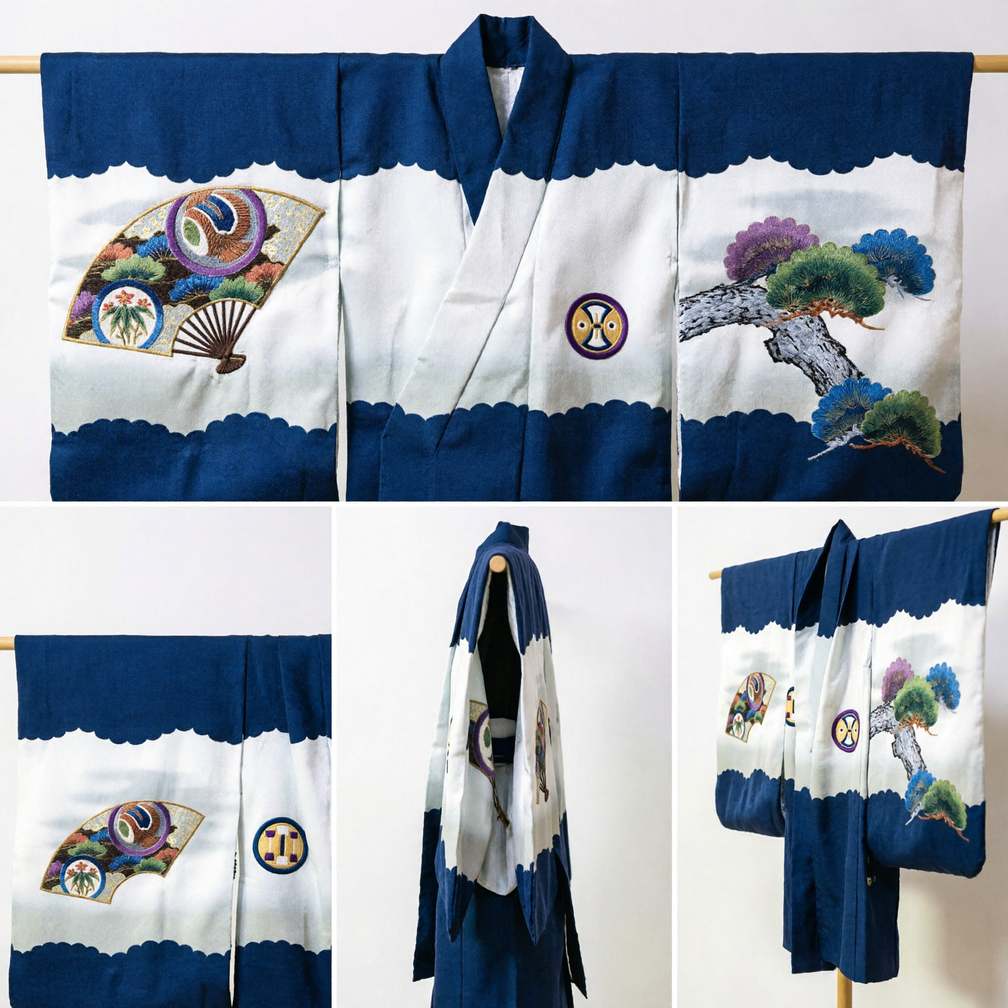 Chaqueta Haori de Kimono para Hombres Japonés Tradicional Azul Marino Blanco Seda Ropa Exterior Formal para Ceremonia y Festival - Asian Costume