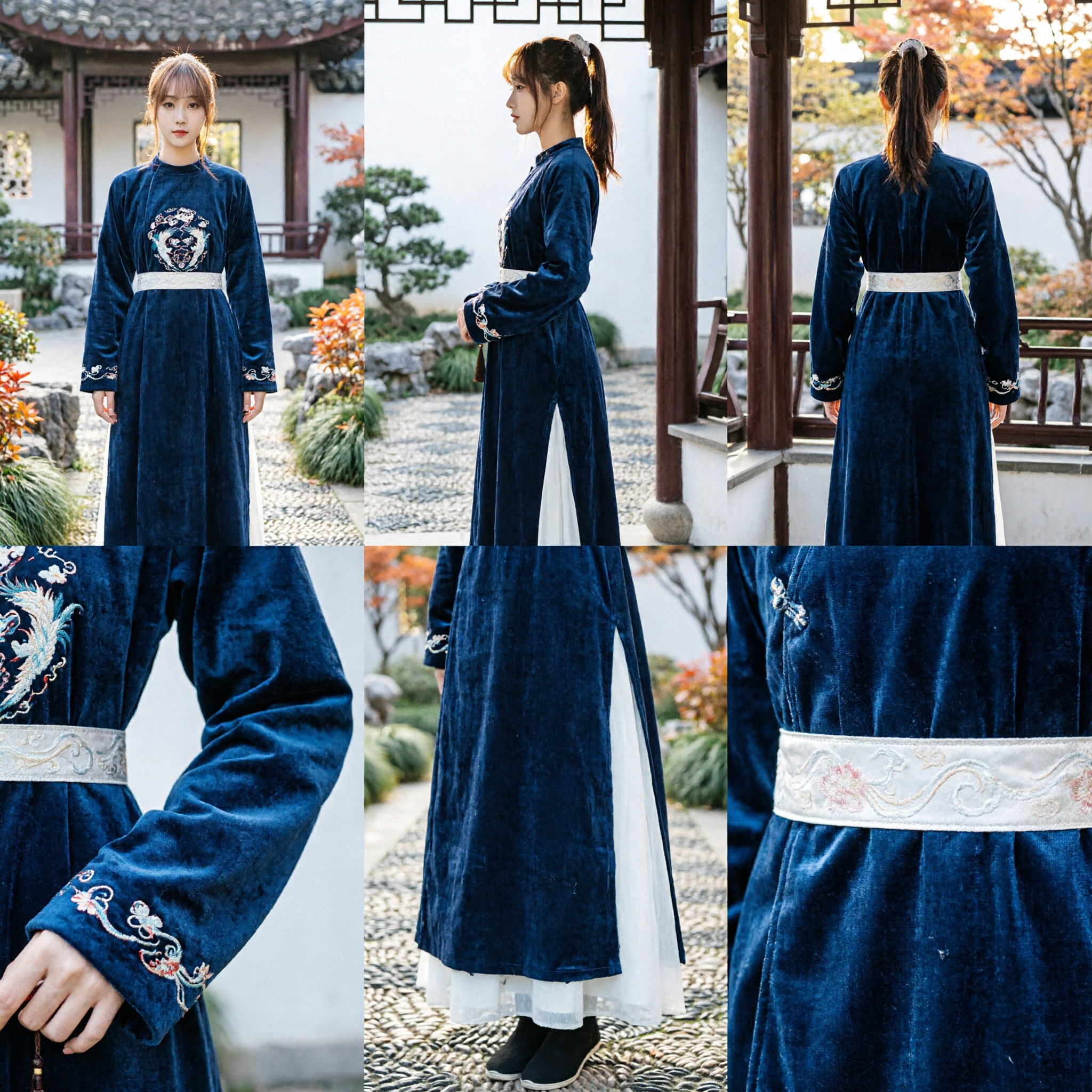 伝統的中国 明朝漢服 青刺繍円領ローブ衣装 女性用 - Asian Costume