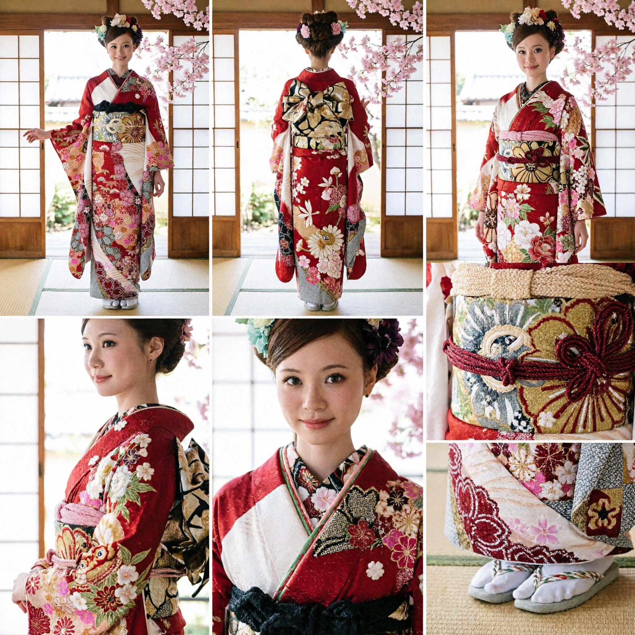 Traje Completo de Kimono Japonés Tradicional Floral Rojo para Mujeres Cosplay de Geisha Maiko para Fiesta - Asian Costume