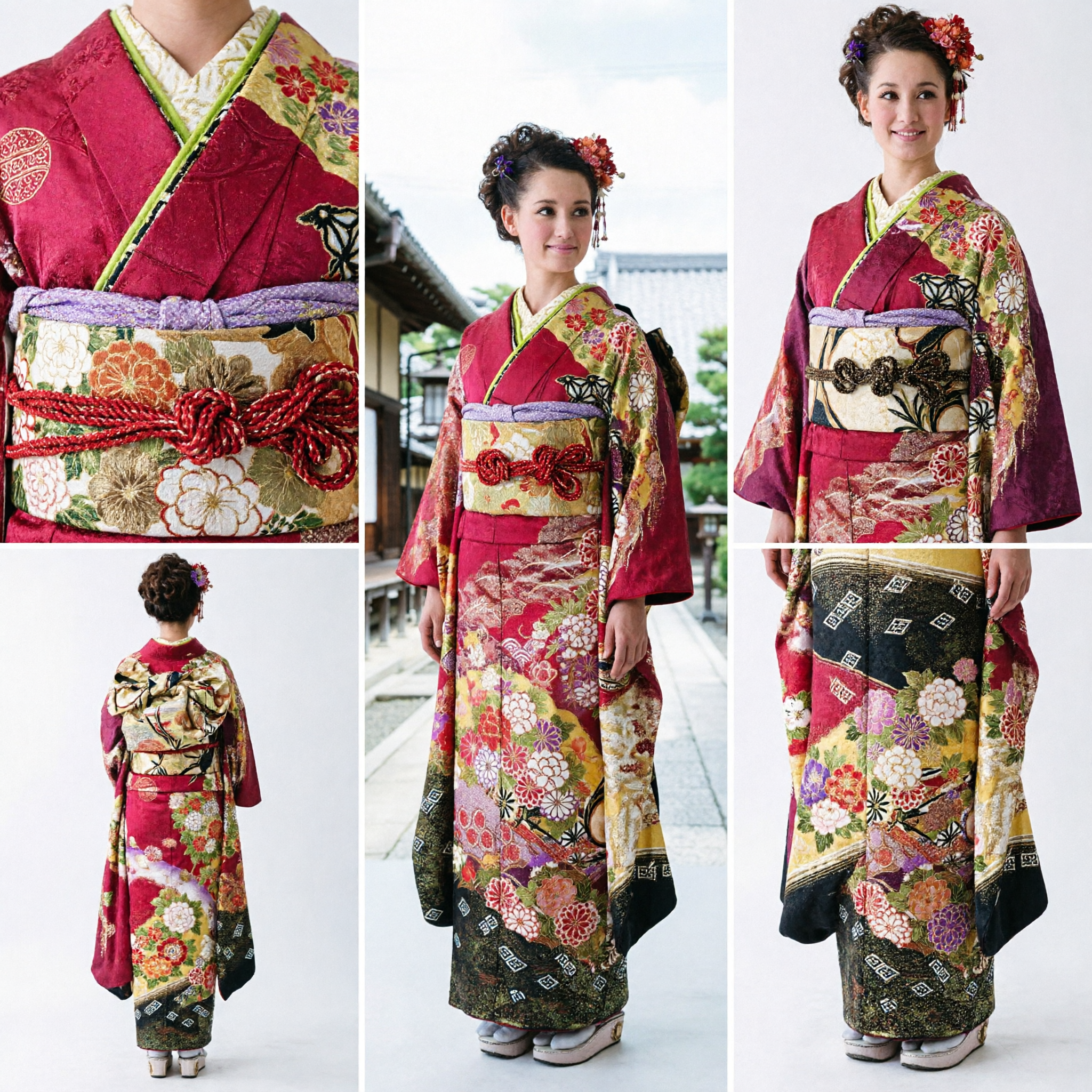Kimono Japonés Tradicional para Mujeres Estampado Floral Rosa y Dorado Traje Formal de Manga Larga para Festivales - Asian Costume