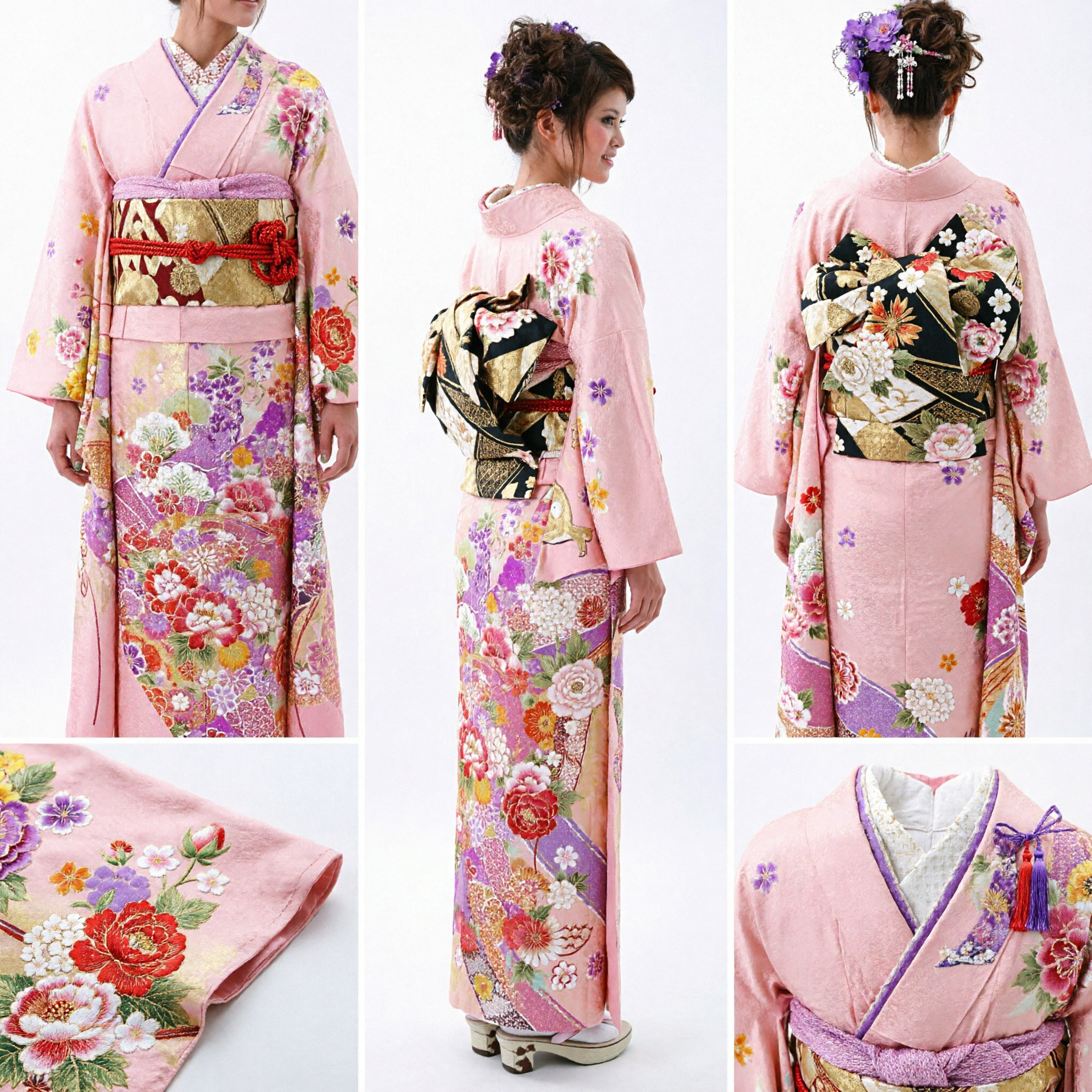 Kimono Furisode Japonés Floral Rosa Ropa Formal Tradicional para Mujeres Invitada de Boda Ceremonia de Mayoría de Edad - Asian Costume