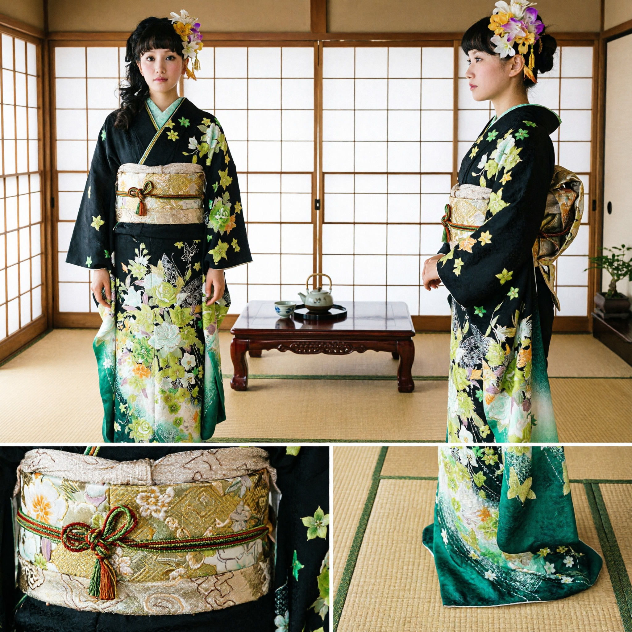 Traditionele Japanse Zwarte Kimono met Groen Bloemenpatroon voor Vrouwen voor Formele Gelegenheden en Ceremonies - Asian Costume