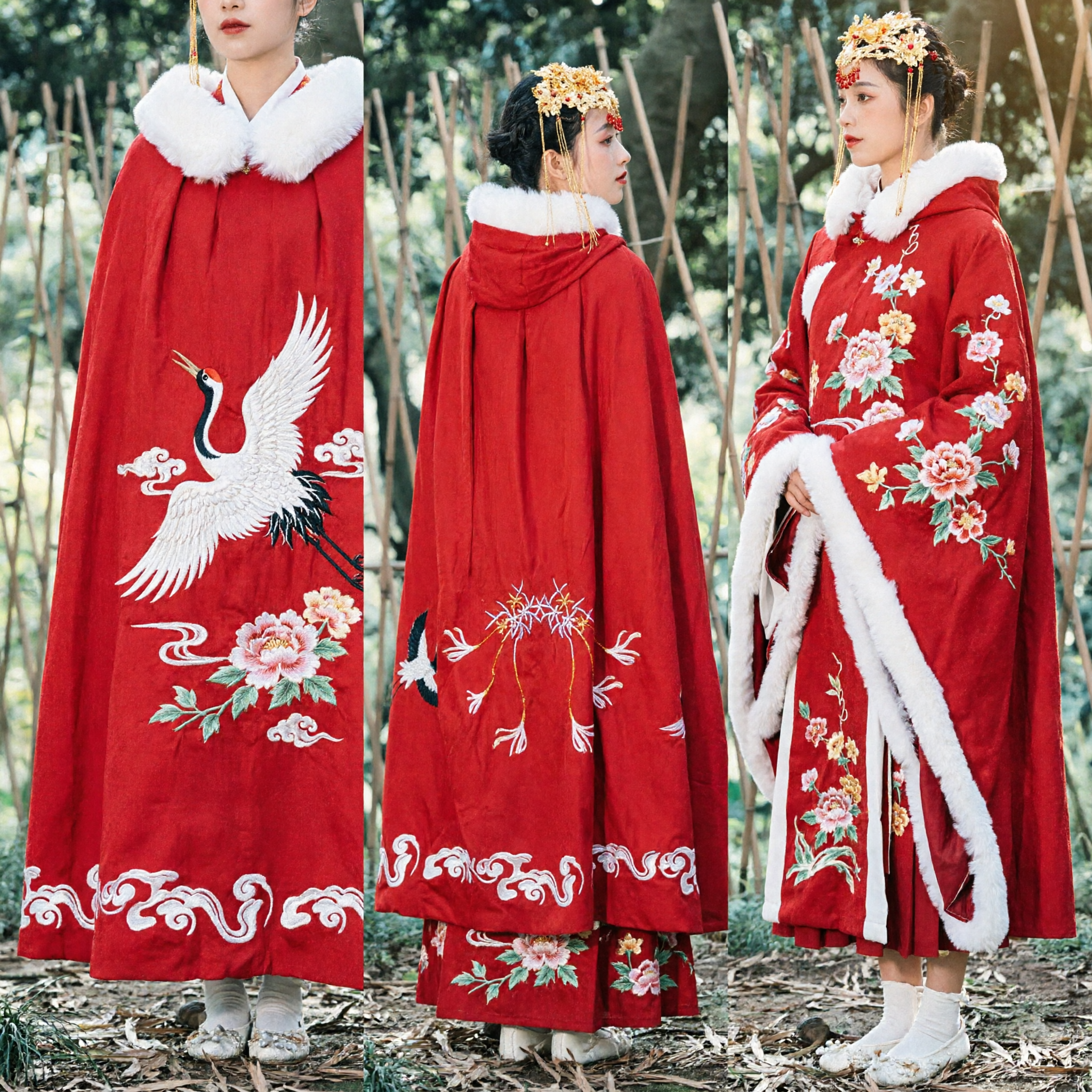 Capa Hanfu China Tradicional Roja para Invierno con Capucha de Piel Blanca y Bordados para Mujer, Cosplay - Asian Costume