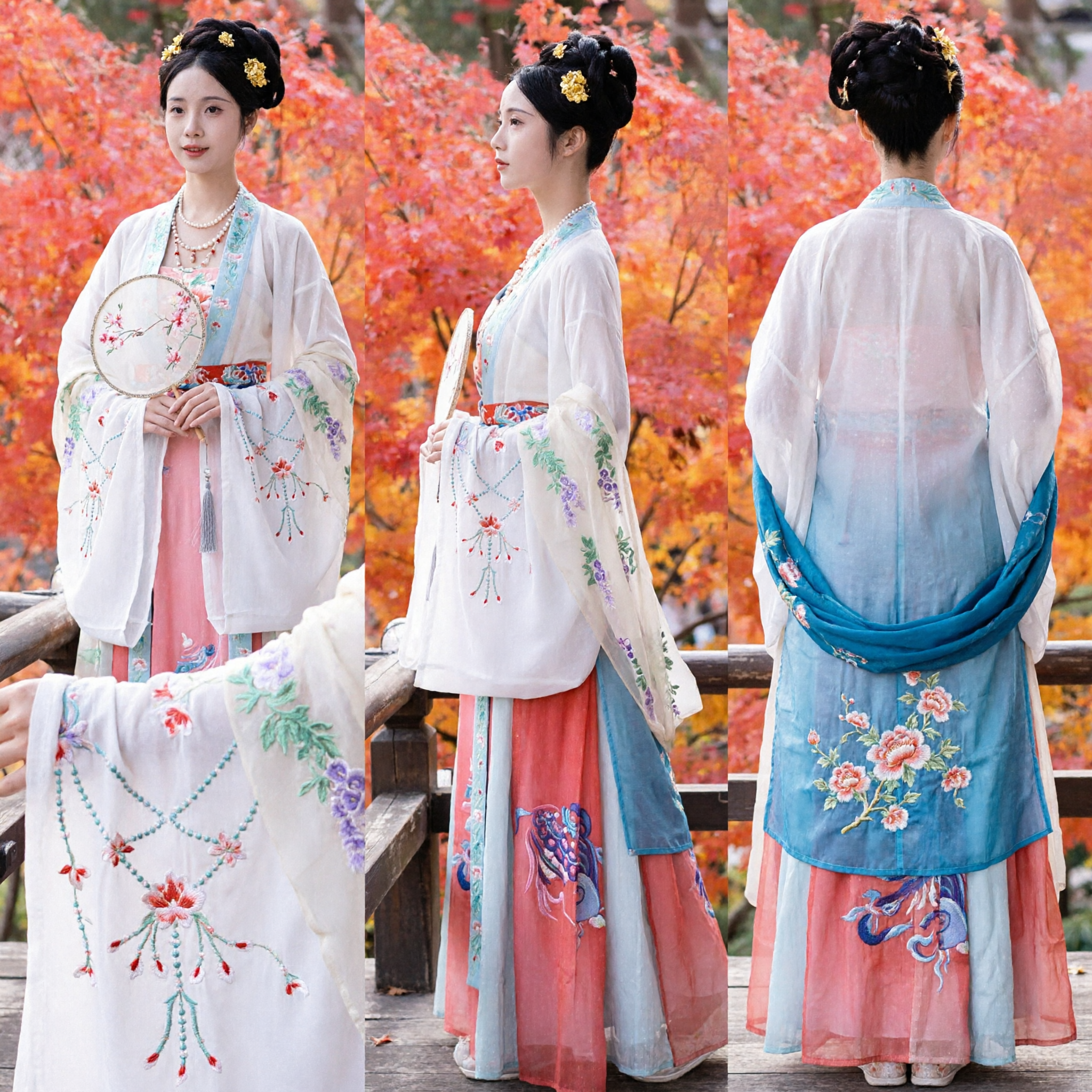 Hanfu Cinese Tradizionale Elegante della Dinastia Tang, Set Veste e Gonna Ricamato con Fiori per Donne per Fotografia - Asian Costume
