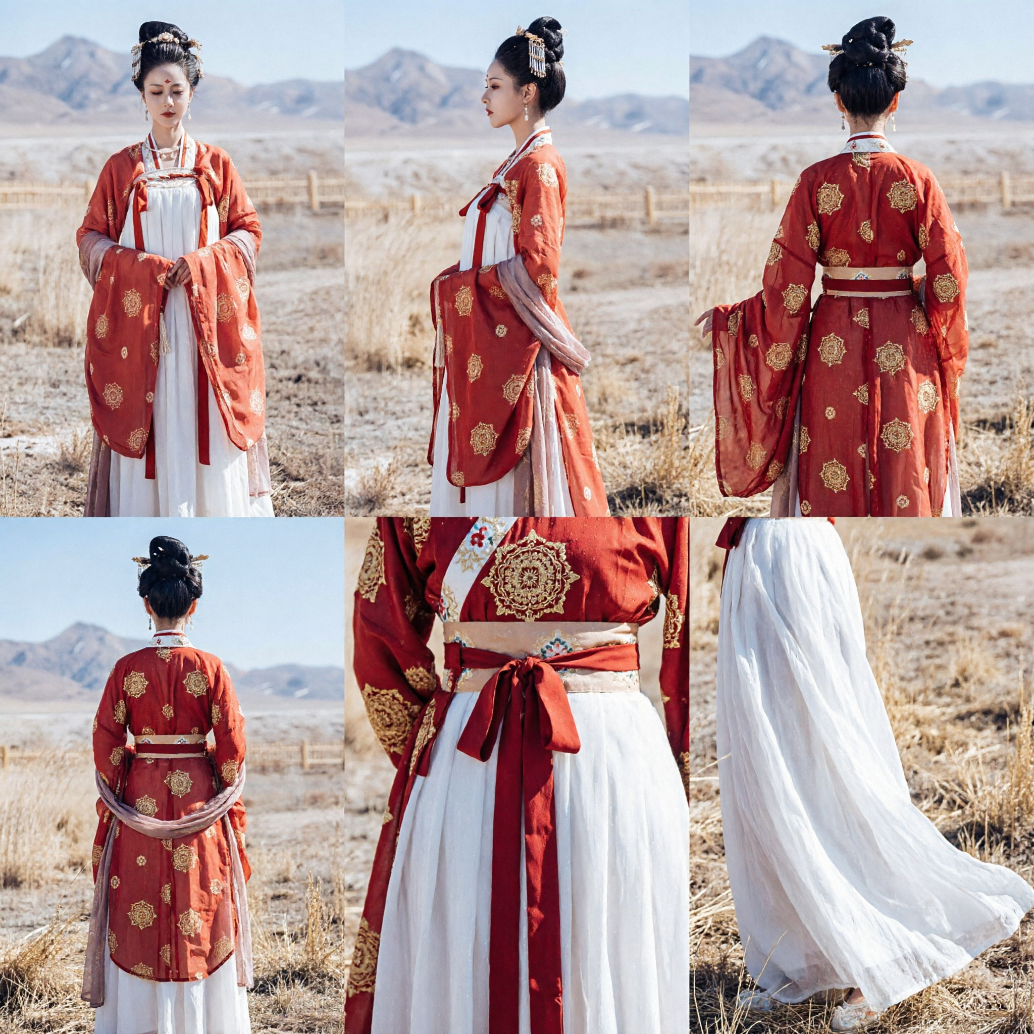 여성 당나라 한푸 전통 중국 의상 오렌지 레드 고대 궁녀 드레스 촬영용 - Asian Costume