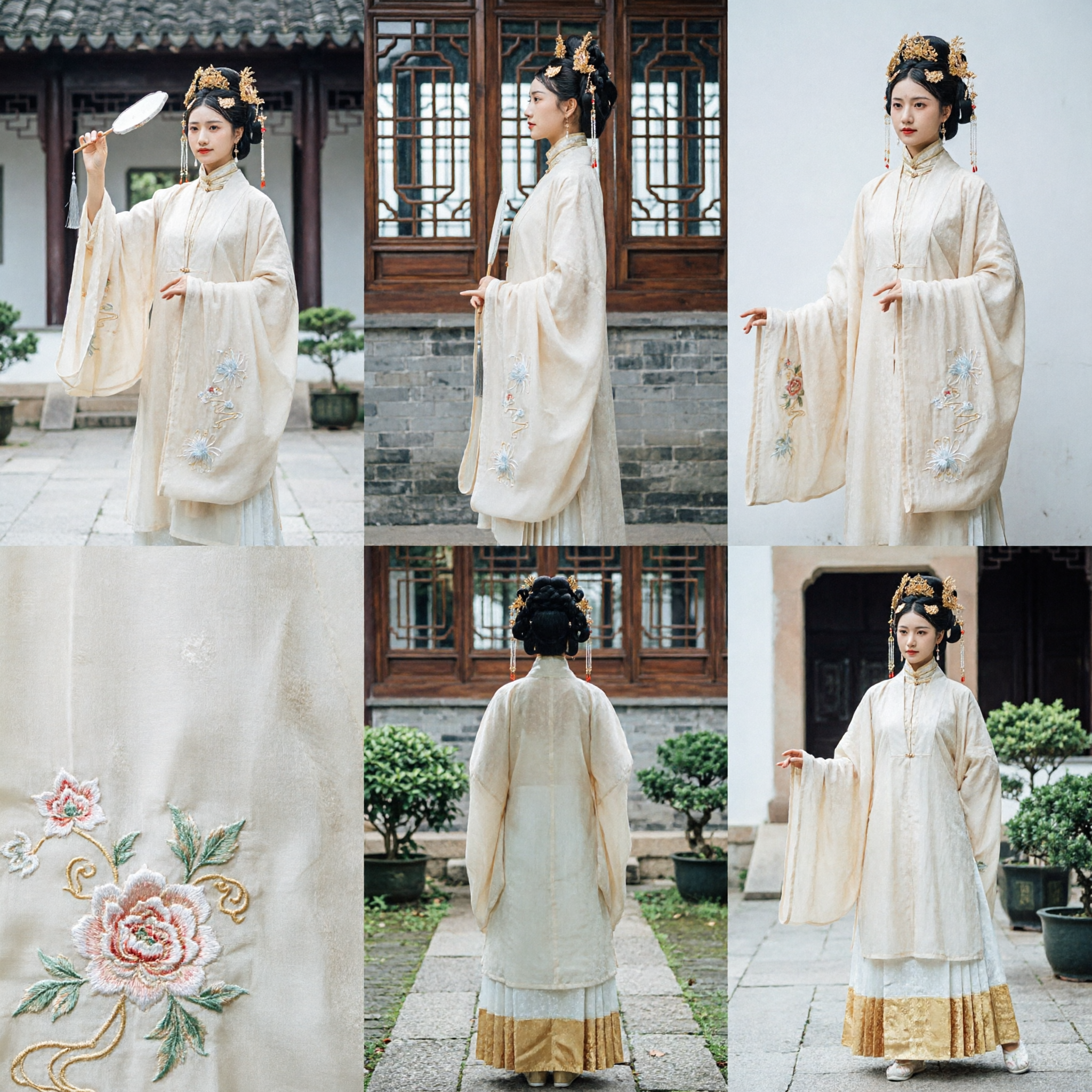 Conjunto Tradicional Chinês Hanfu Estilo Dinastia Ming - Robe e Saia Creme Bordados para Mulheres, para Fotografia de Traje Antigo - Asian Costume