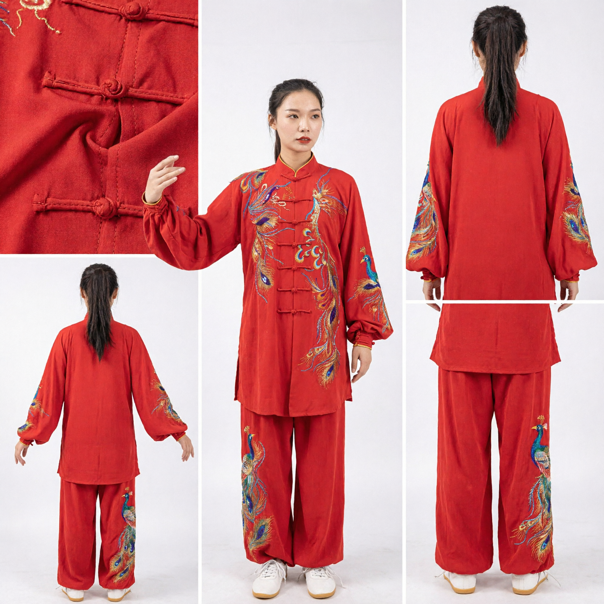 Red Peacock Embroidery Tai Chi Uniform Women Traditional Chinese Kung Fu Suit Martial Arts Top and Pants - Asian Costume