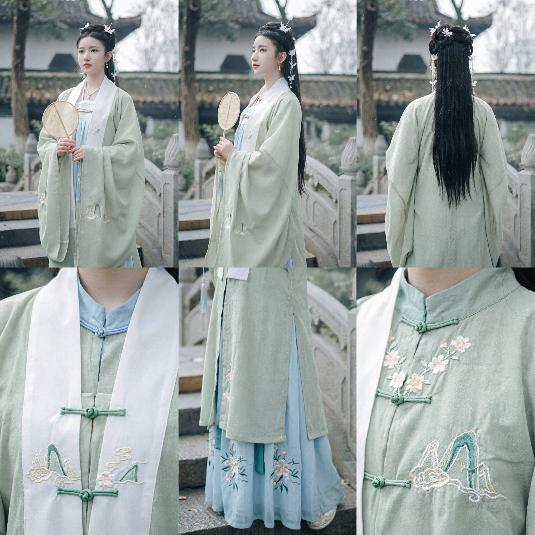 Costume Hanfu Dinastia Song Cinese Tradizionale, Set Giacca Beizi Ricamata Verde Chiaro e Gonna Blu per Donne - Asian Costume