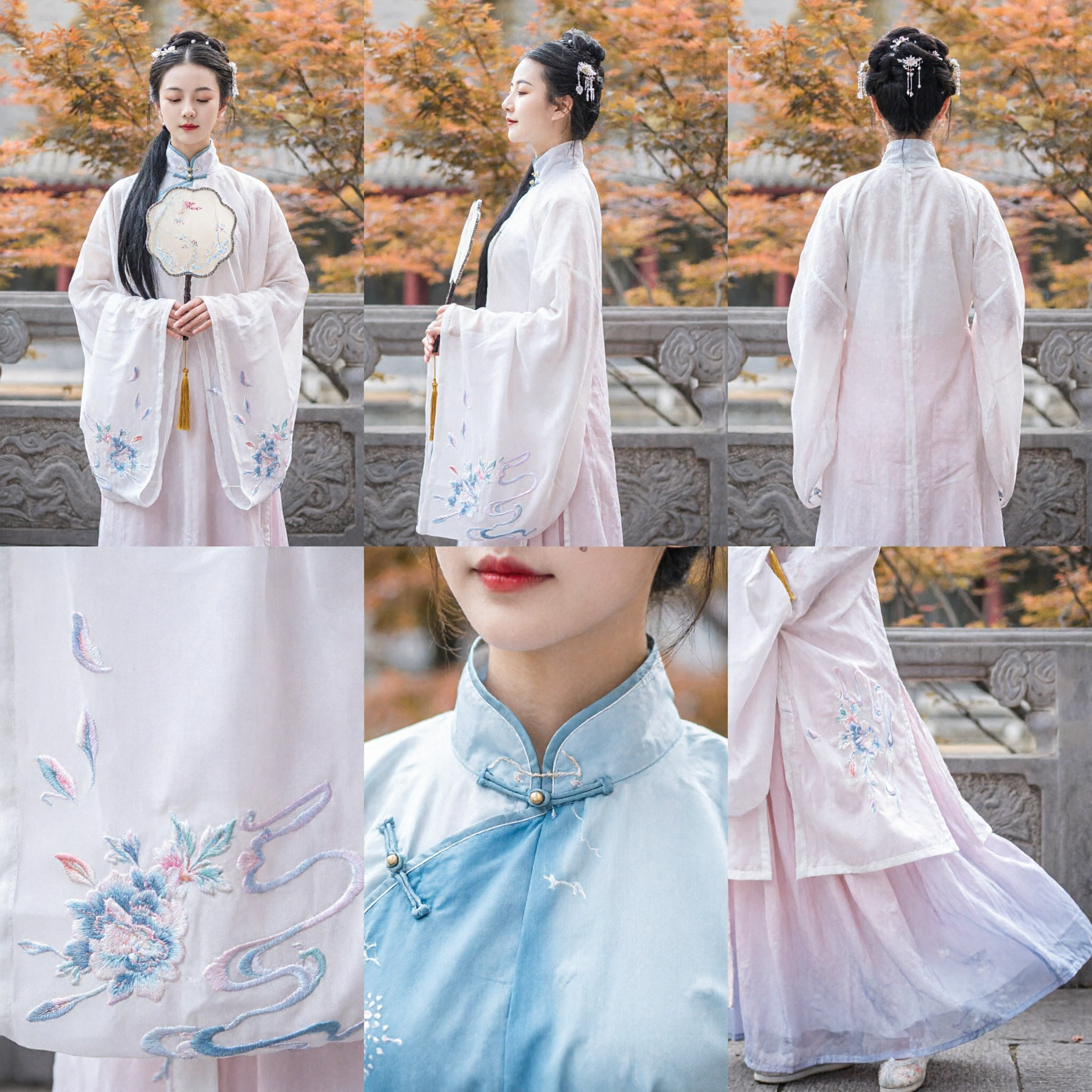 Costume traditionnel chinois Hanfu - Style dynastie Ming ancienne - Haut blanc brodé et jupe rose pour femmes - Asian Costume