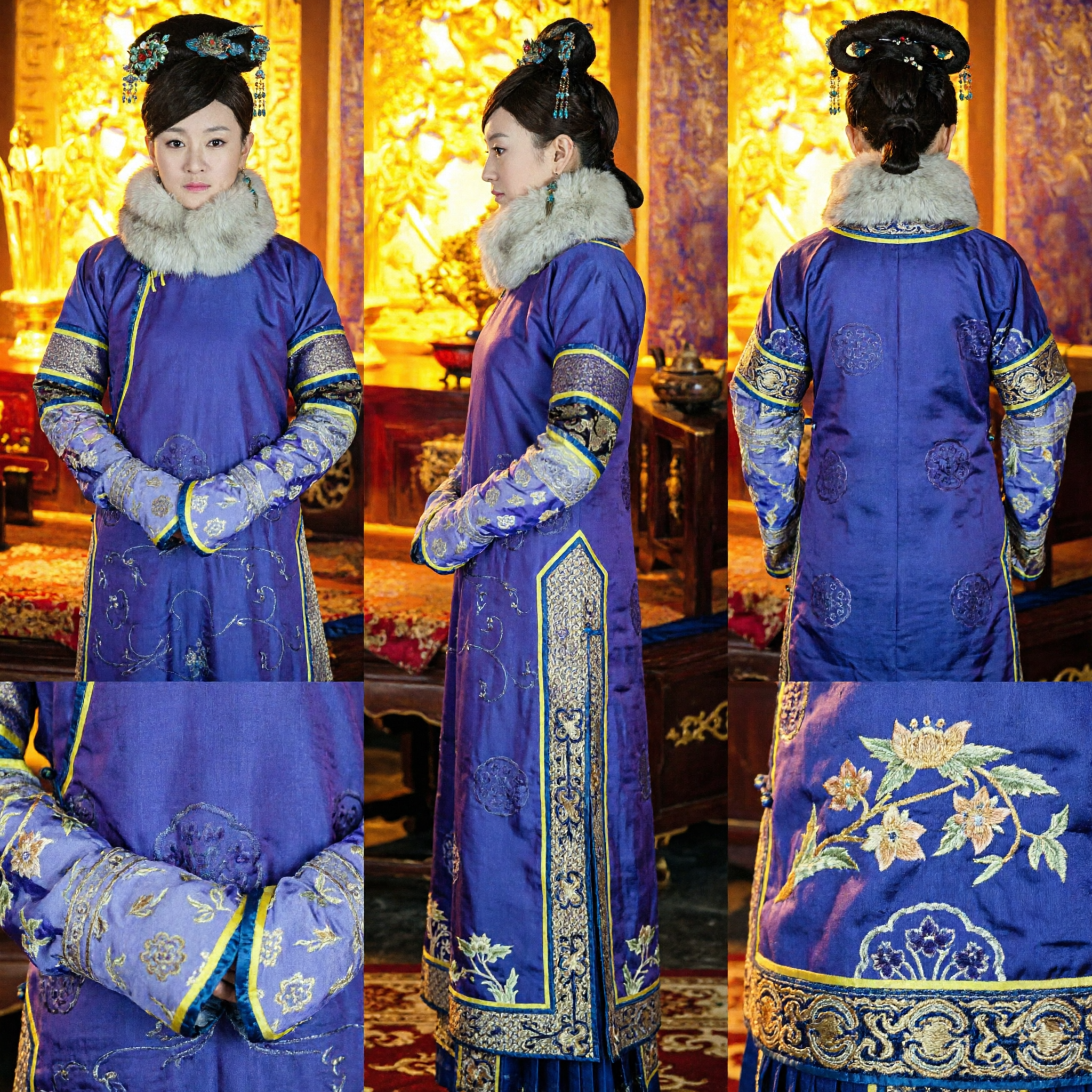 Traje de Princesa Manchu da Dinastia Qing Chinesa Antiga Robe Azul Bordada com Gola de Pele para Mulheres - Asian Costume