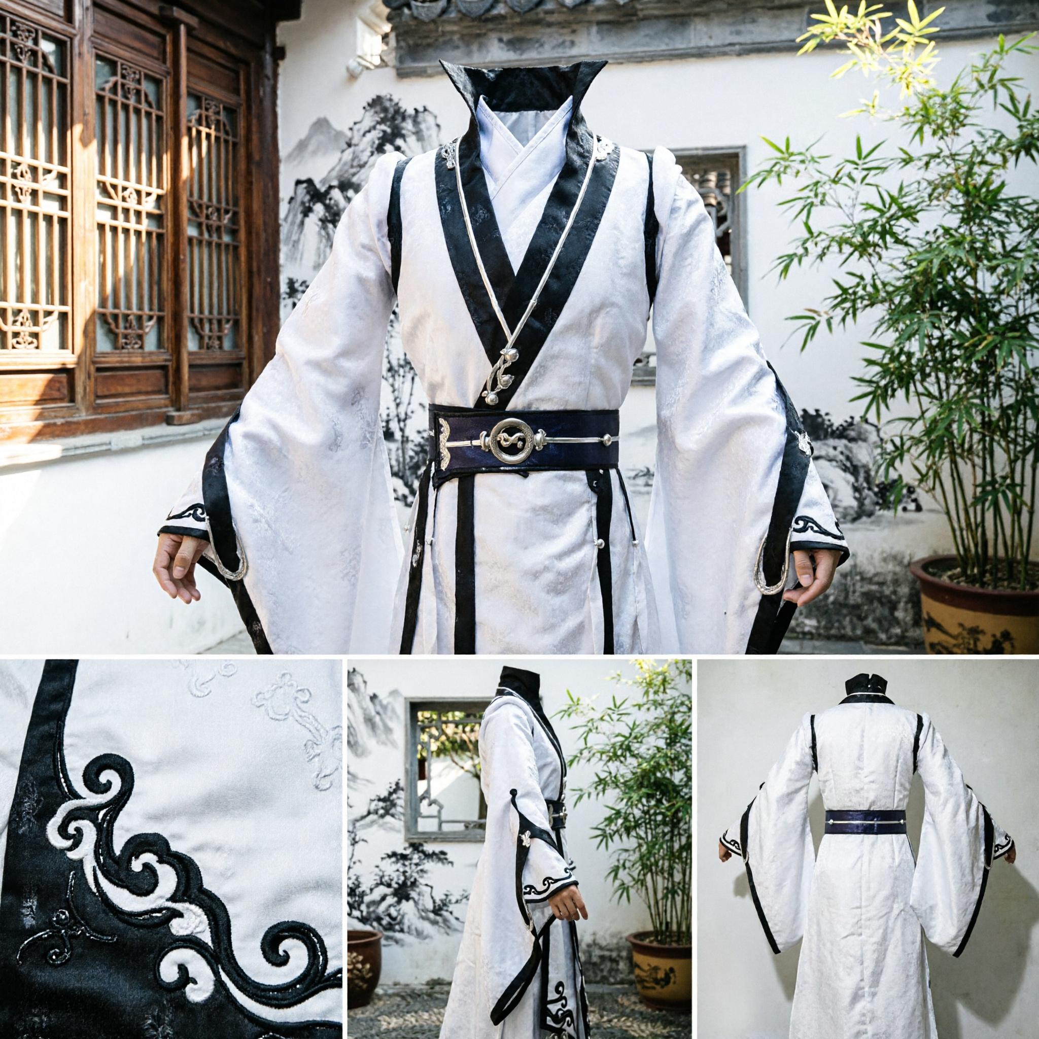 Traditionelles chinesisches Wuxia-Schwertkämpfer weißes Hanfu-Kostüm Männer antiker Ritterumhang für Cosplay-Aufführung - Asian Costume