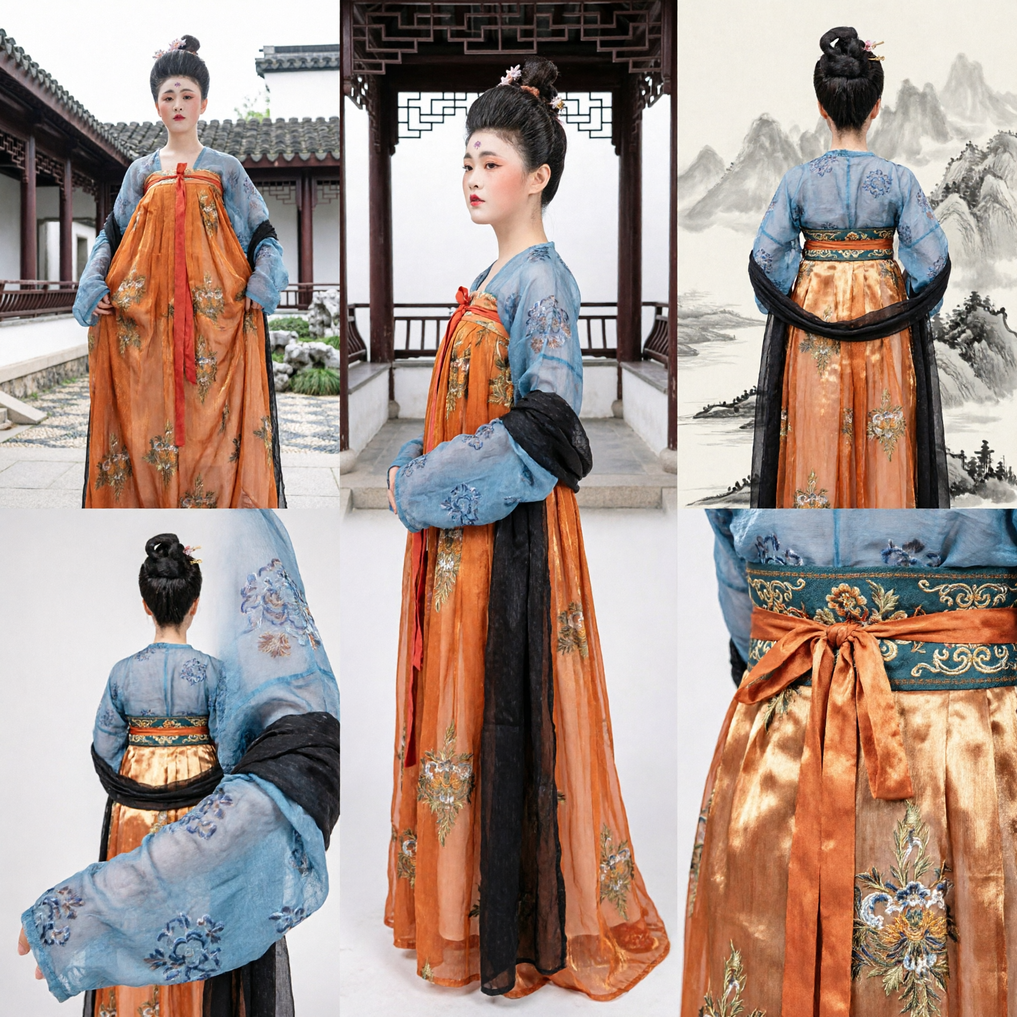 Traje Hanfu de Dama do Palácio da Dinastia Tang Chinesa Antiga, Saia Floral Laranja e Blusa Azul para Performance no Palco para Mulheres - Asian Costume