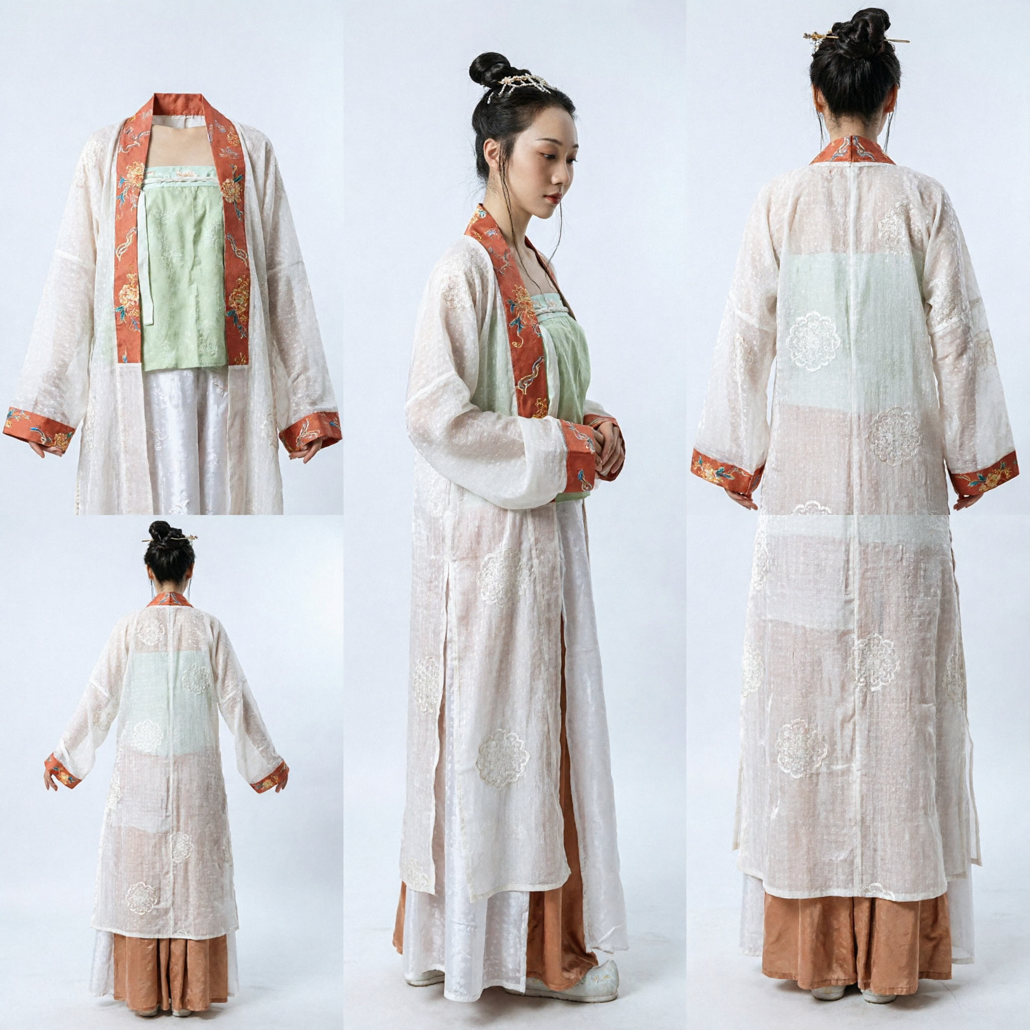 Costume Tradizionale Cinese Hanfu per Donne Antico Abito Verde Ruqun della Dinastia Tang con Veste Trasparente Bianca per Spettacolo - Asian Costume