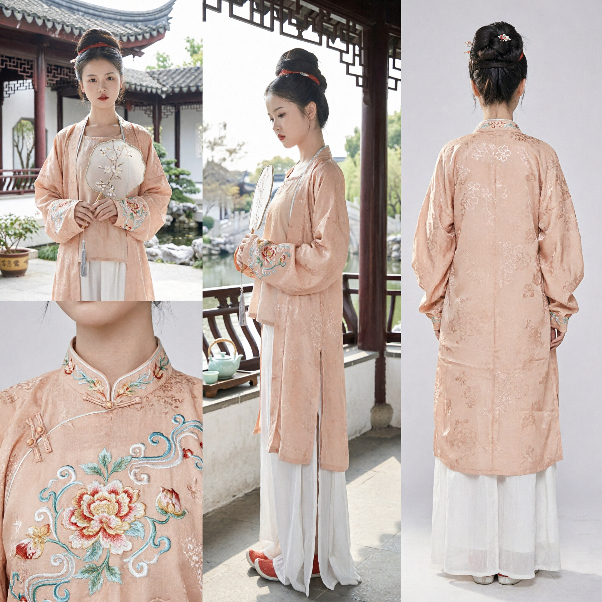 Traditionelles chinesisches Hanfu Song-Dynastie-Stil, pfirsichbestickte Jacke und weiße Hose, Kostüm für Frauen - Asian Costume