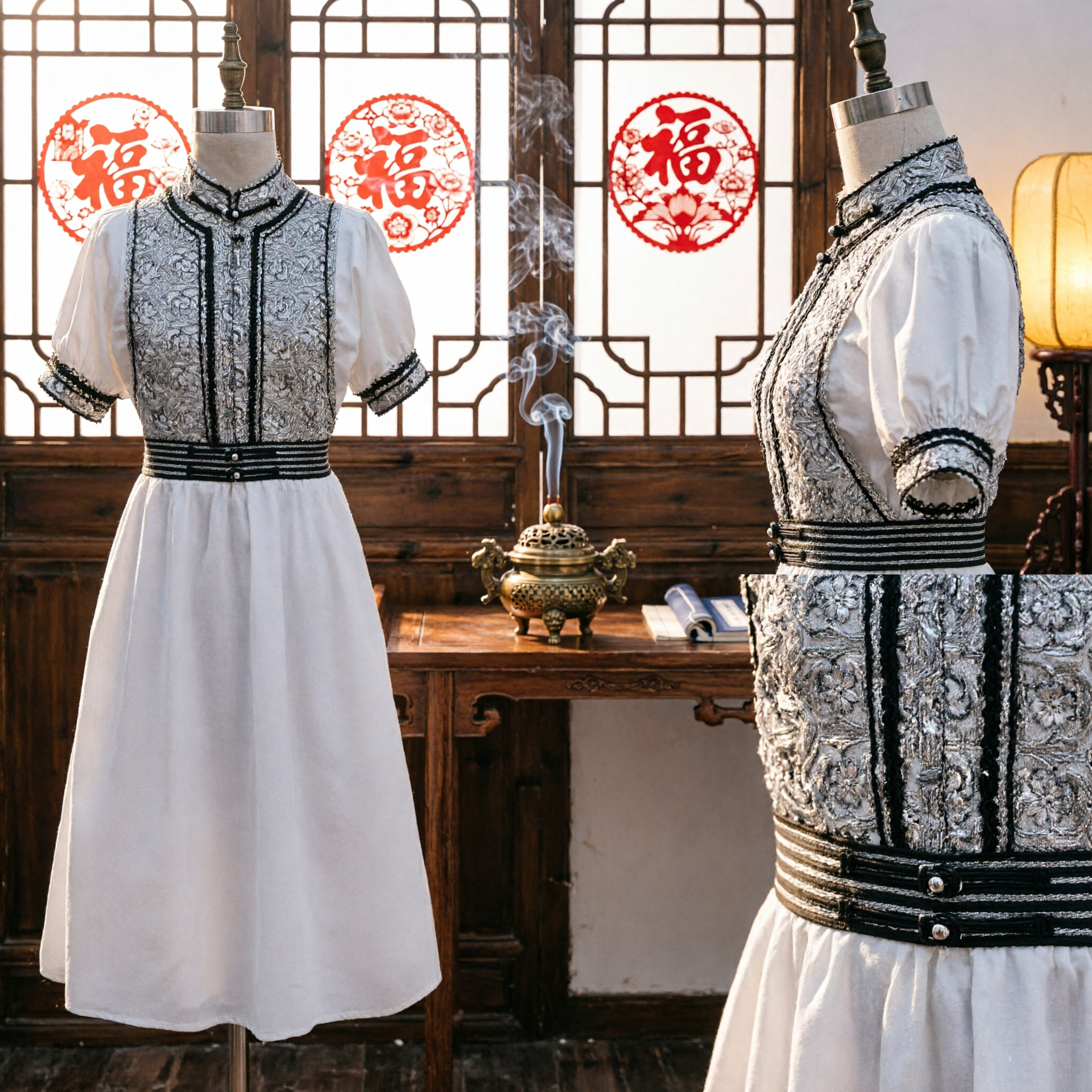 우아한 흰색 전통 중국 민속 드레스 검정색 자수와 퍼프 소매 여성 무대 공연 의상 - Asian Costume