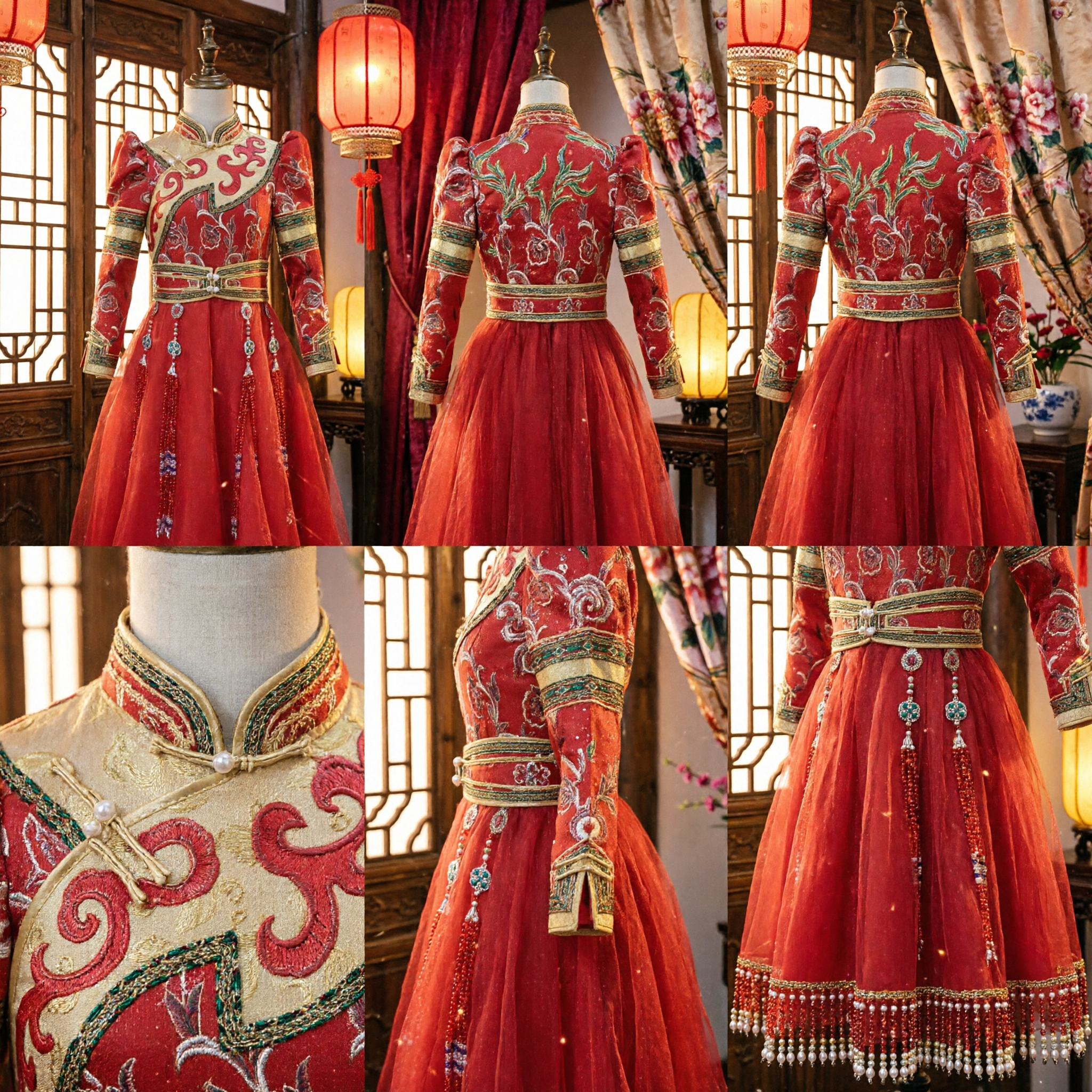 Traditional Red Mongolian Costume Dress for Women Ethnic Folk Dance Performance Wear with Gold Embroidery - Asian Costume